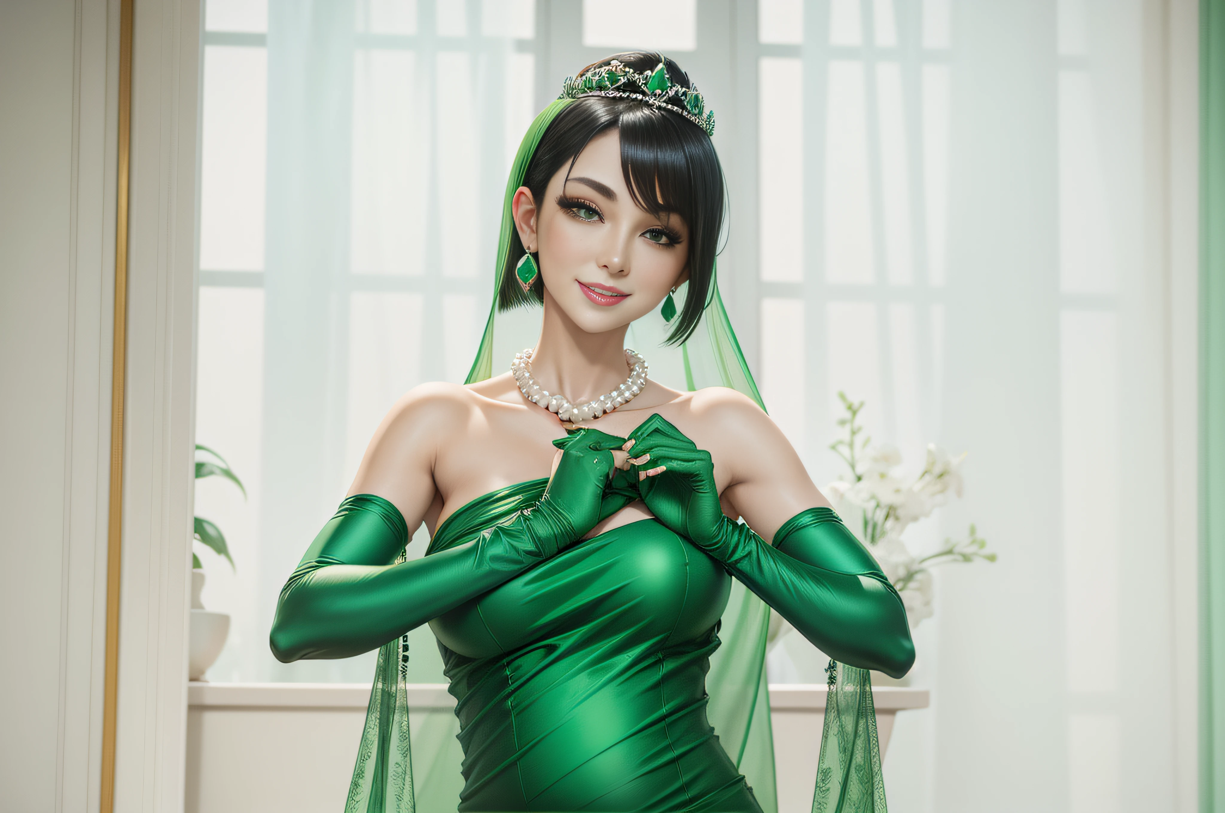 emerald tiara, Green Pearl Necklace, Boyish very short black hair, lipsticks, Japan woman smiling, very short short hair, big breasts beautiful, Green eyes, Long green gloves made of satin material, Green eyes, Emerald Earrings, Green dress, pregnant woman