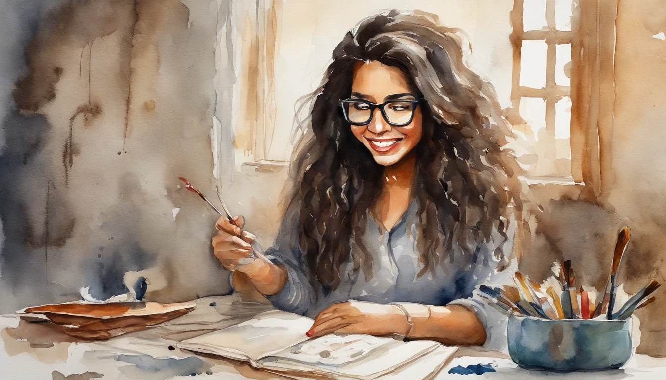 a black, long hair girl with brown eyes whit eyeglasses, happy that open a surprise box