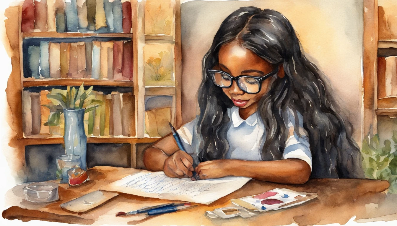 a black, long hair girl with brown eyes whit eyeglasses, happy that open a surprise box