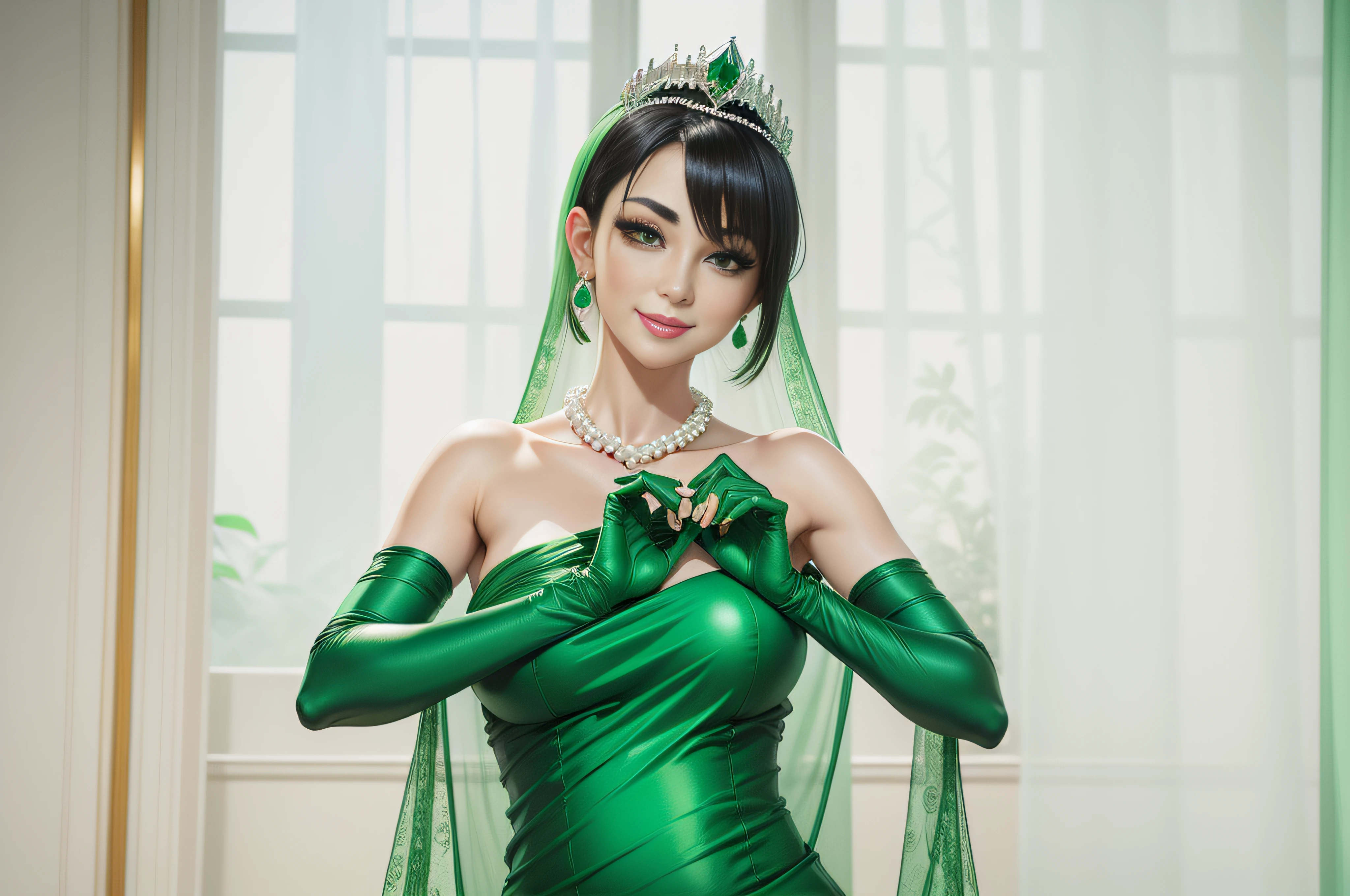 emerald tiara, Green Pearl Necklace, Boyish very short black hair, lipsticks, Japan woman smiling, very short short hair, big breasts beautiful, Green eyes, Long green gloves made of satin material, Green eyes, Emerald Earrings, Green dress, pregnant woman