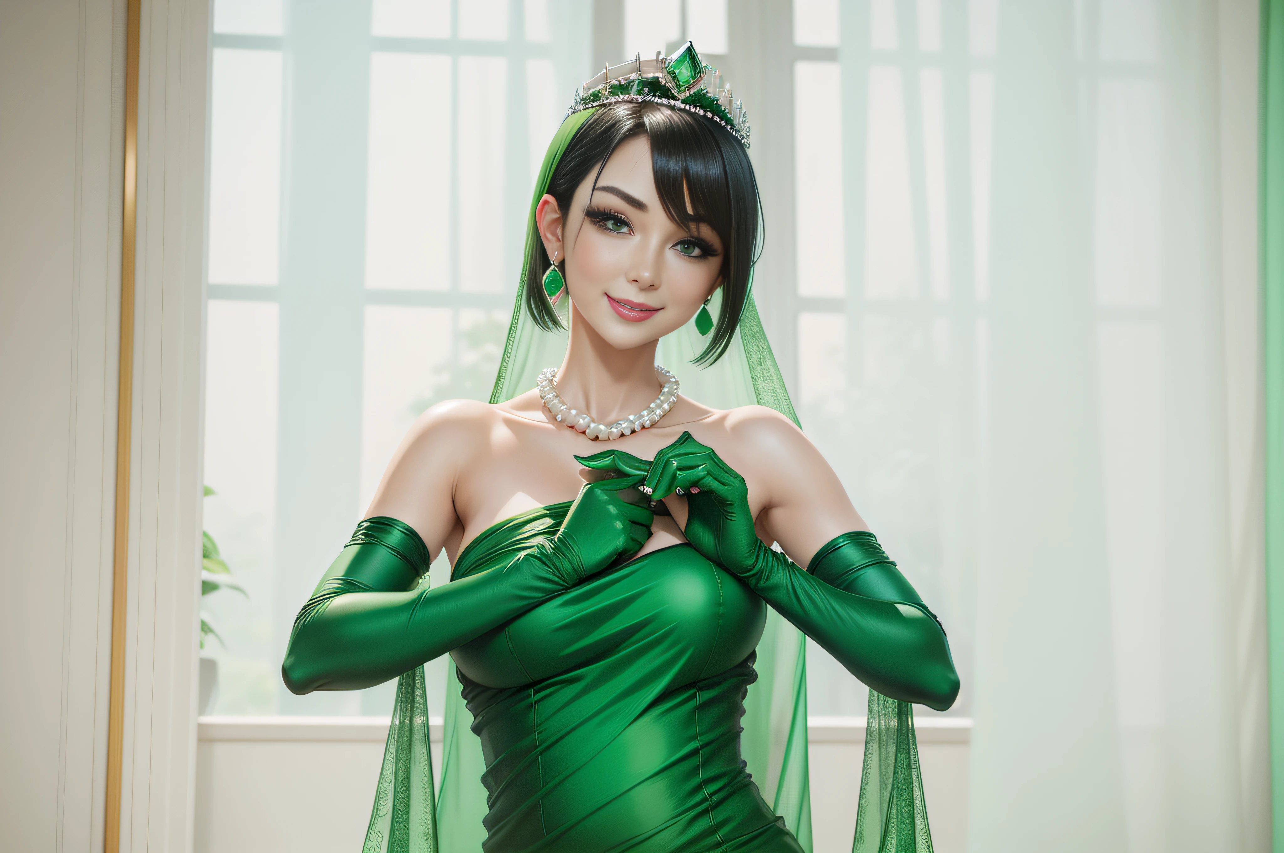 emerald tiara, Green Pearl Necklace, Boyish very short black hair, lipsticks, Japan woman smiling, very short short hair, big breasts beautiful, Green eyes, Long green gloves made of satin material, Green eyes, Emerald Earrings, Green dress, pregnant woman