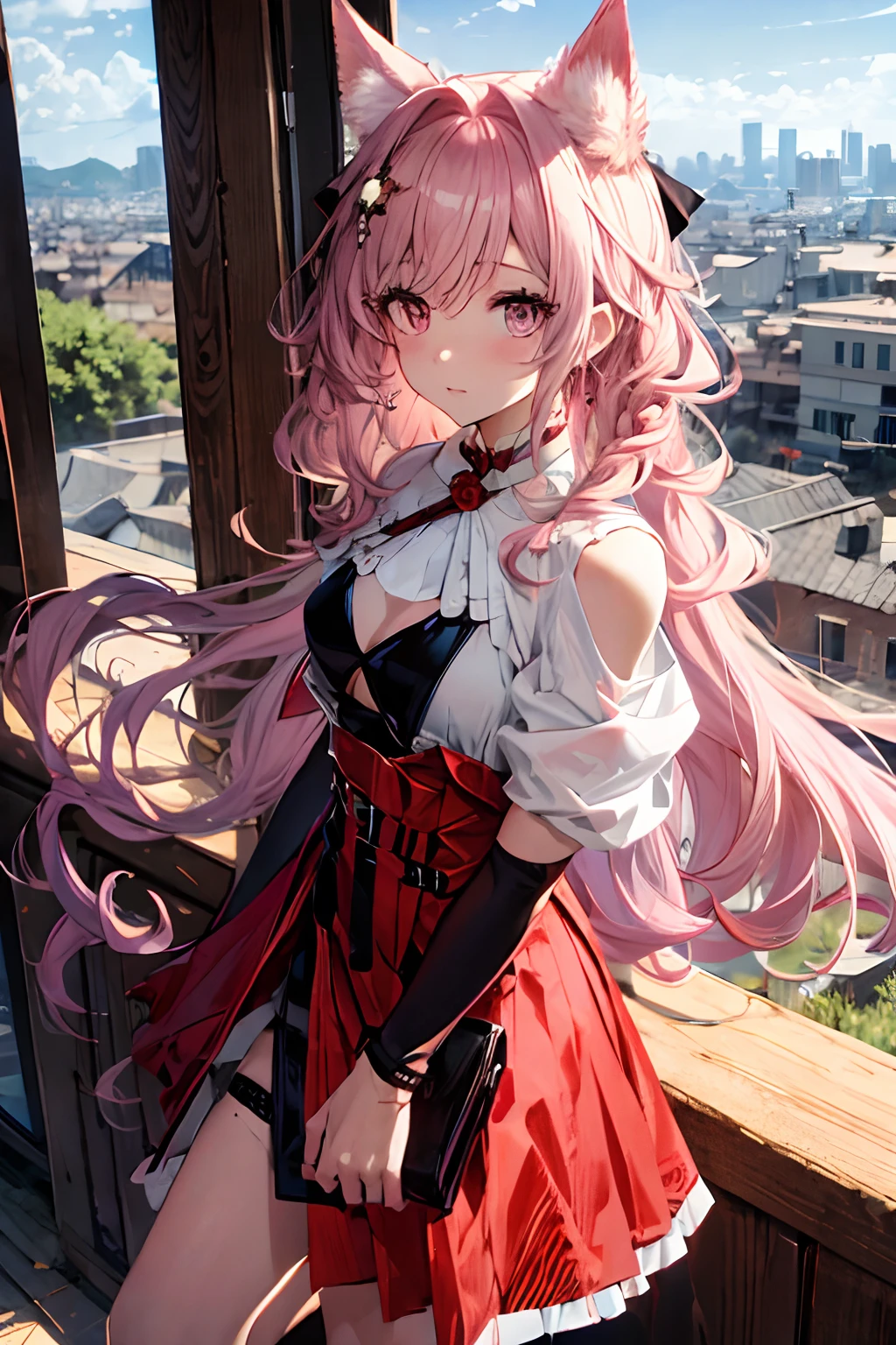 Best quality at best，tmasterpiece，1girll，Pink hair，messy  hair，curly_hair，The shirt，a skirt，Kawai，JK，red_bow，Wrist watch，choker necklace，view over city，8K original photos，超高分辨率，highest details，复杂，8k，HDR