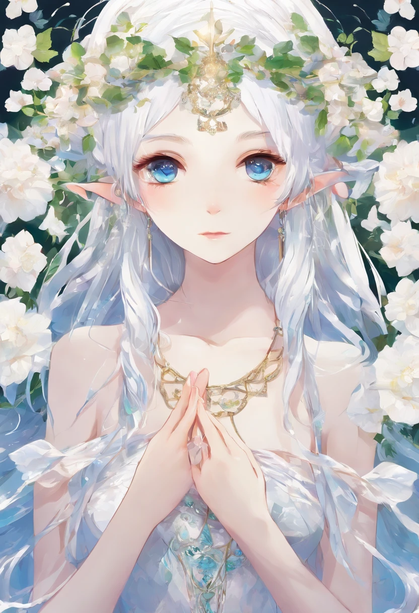 1 Elf Girl, small breasts, white hair, long hair, blue eyes, earrings, white Greece dress, translucent dress, wreath, Sits on the carpet, barefoot, anklets,