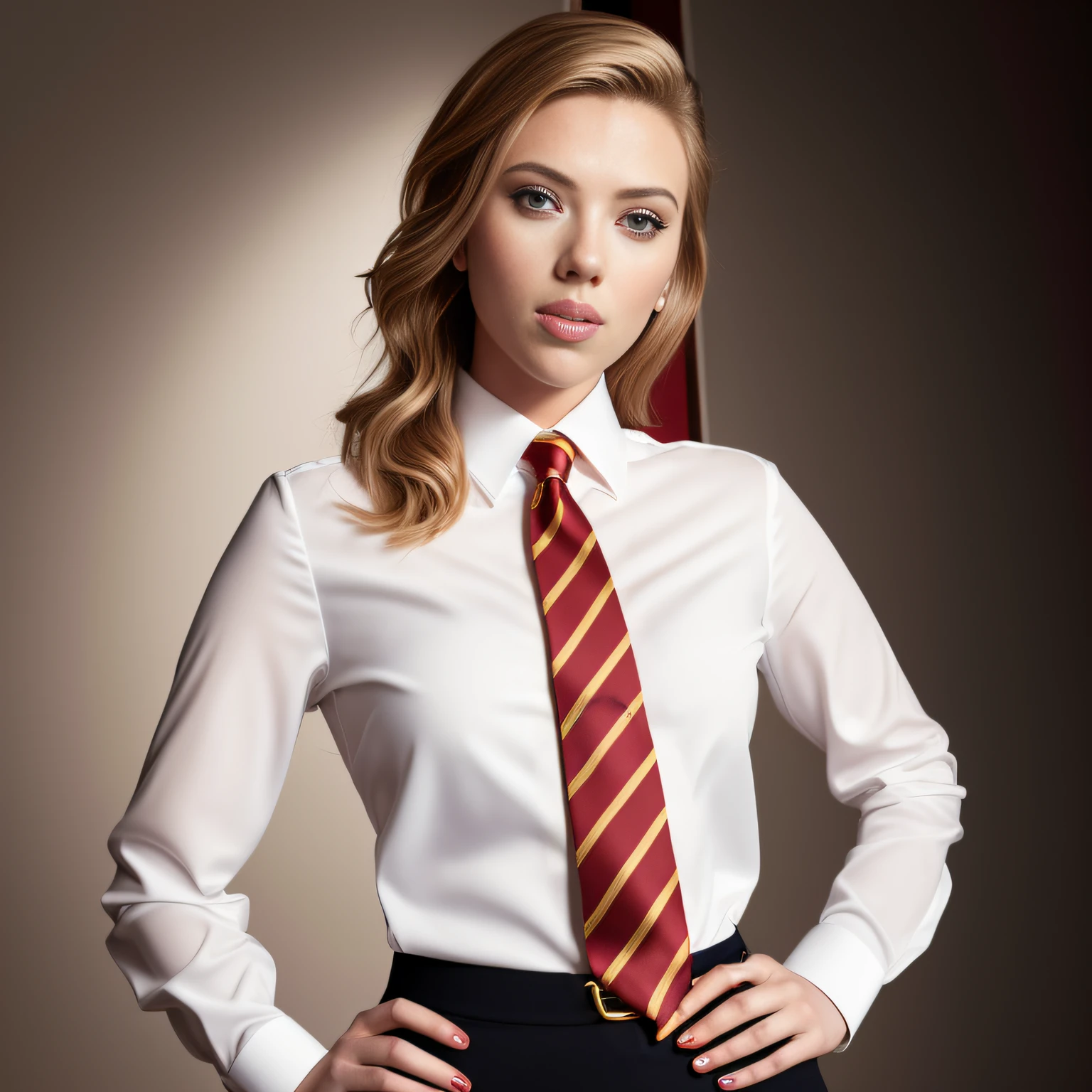 Scarlett Johansson in a skirt and shirt posing for a picture, wearing a shirt with a tie, tight collar, buttoned up collar, tight necktie, office clothes, business clothes, white dress shirt, wearing in shirt, dress shirt and tie, fine white shirt, business attire, female in office dress, tailored clothing, white shirts, work clothes, dress shirt, business woman, wearing white shirt, detailed image red and gold striped gryffindor necktie, perfectly knotted tie