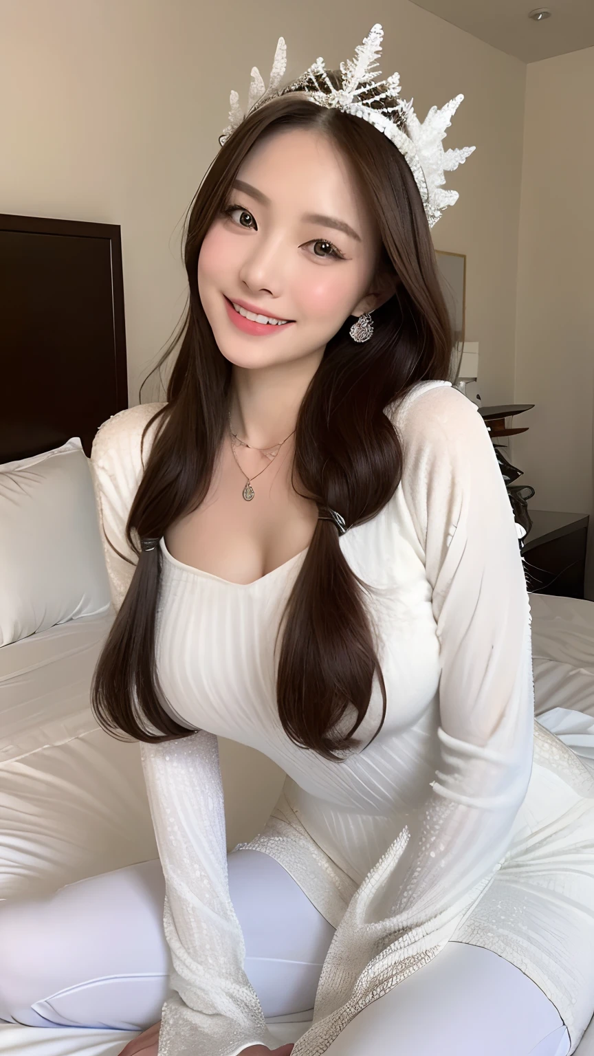 ((best qualtiy, 8K, tmasterpiece:1.3)), Focus:1.2, perfect figure beautiful woman:1.4, Cocked buttocks:1.2, ((exquisite long hair)),（Long white legs：1.3） ，(Ice Queen costume:1.4) , (Bedrooms，Lie down in bed: 1.2), Highly detailed facial and skin texture, A detailed eye, 二重まぶた，Whiten skin，（Straight big breasts：1.3），ssmile，Wear a necklace，gyuru