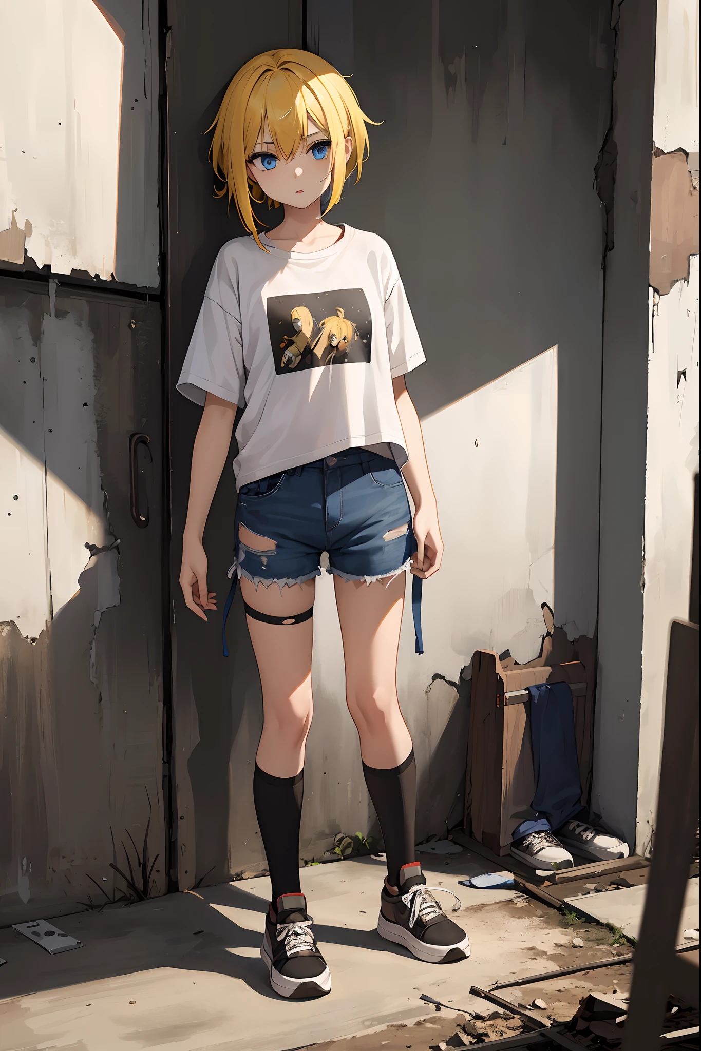 1girl, A girl in a dirty torn t-shirt, shorts, torn tights and sneakers, post-apocalypse, yellow hair, blue eyes