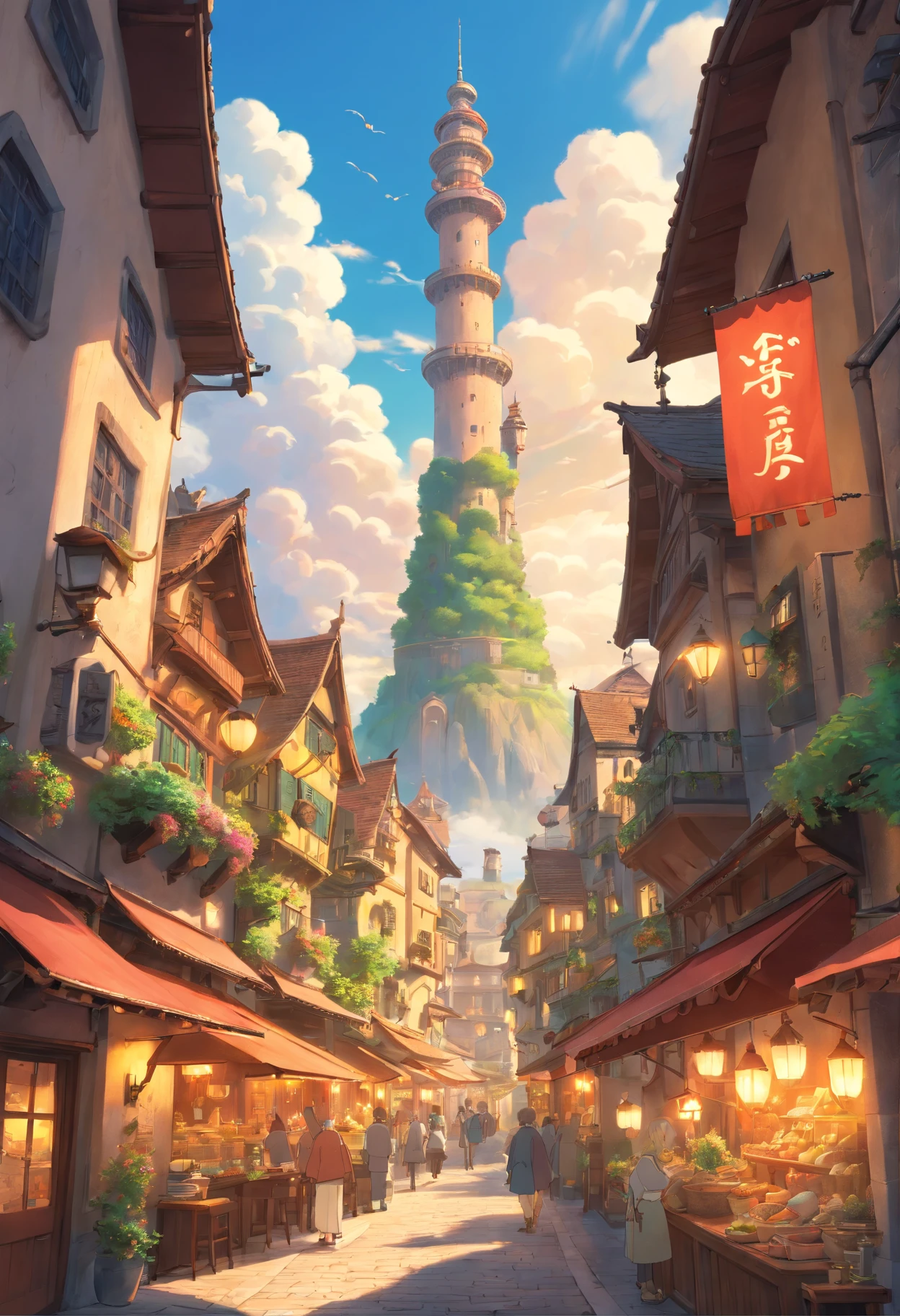 Tubular tower in fantasy tower, magic tower, tower high up to the atmospheric sky, tower stands in the middle of the medieval city, (fantasy world era), crowd of people around the base of the tower, street food, (ray tracing, global illumination), (masterpiece:1.4), (vibrant:1.2), cinematic, intricate and highly detailed, (ultra-detailed CG unity 8K wallpaper)