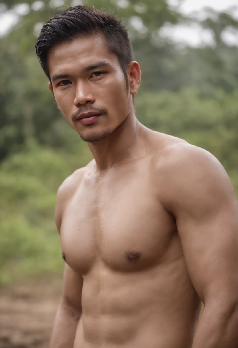 A handsome (Filipino) peasant, muddy, dirty, wet, raunchy outfit, provocative portrait, perfect face, (homoerotic:1.2), tall and burly, toned body, qualidade 8K, absurd textures details and quality