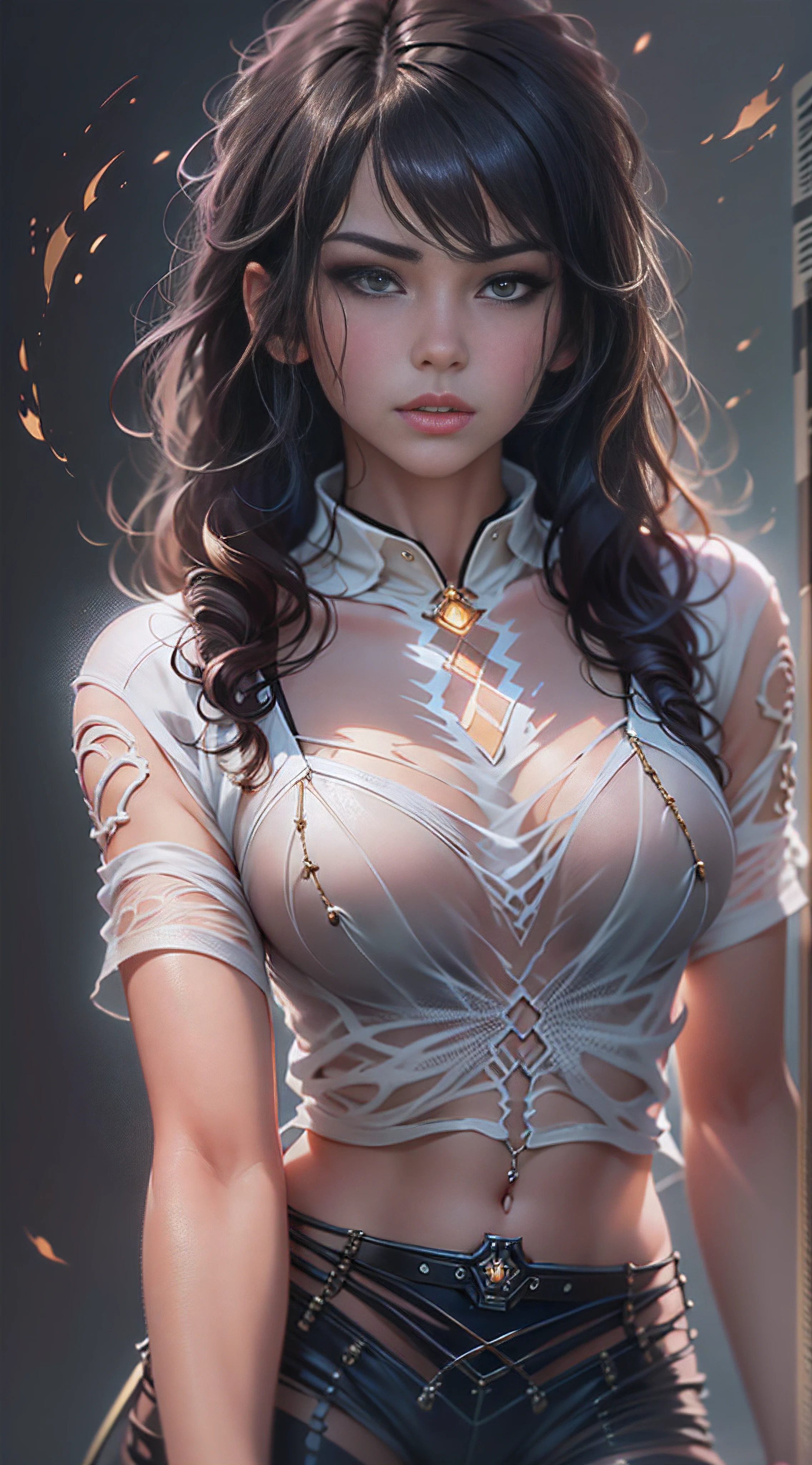 a ultra-realistic image of a 28 year old ghotic bitch Brunette with highlights wearing a transparent shot trendy summer outfit like a boy, detailed face, detailed eyes, glossy eyes, eye reflections, detailed lips, detailed hair, shiny hair, detailed skin, textured skin, detailed clothes, wide hips, long legs, professional photography, dramatic shadows, cinematic, super detail, film grain, Hasselblad Helios 44-2 58mm F2, high quality, DSLR, 8k HDR, Miki Asai Macro photography, close-up, hyper detailed, trending on artstation, sharp focus, studio photo, intricate details, highly detailed, by greg rutkowski