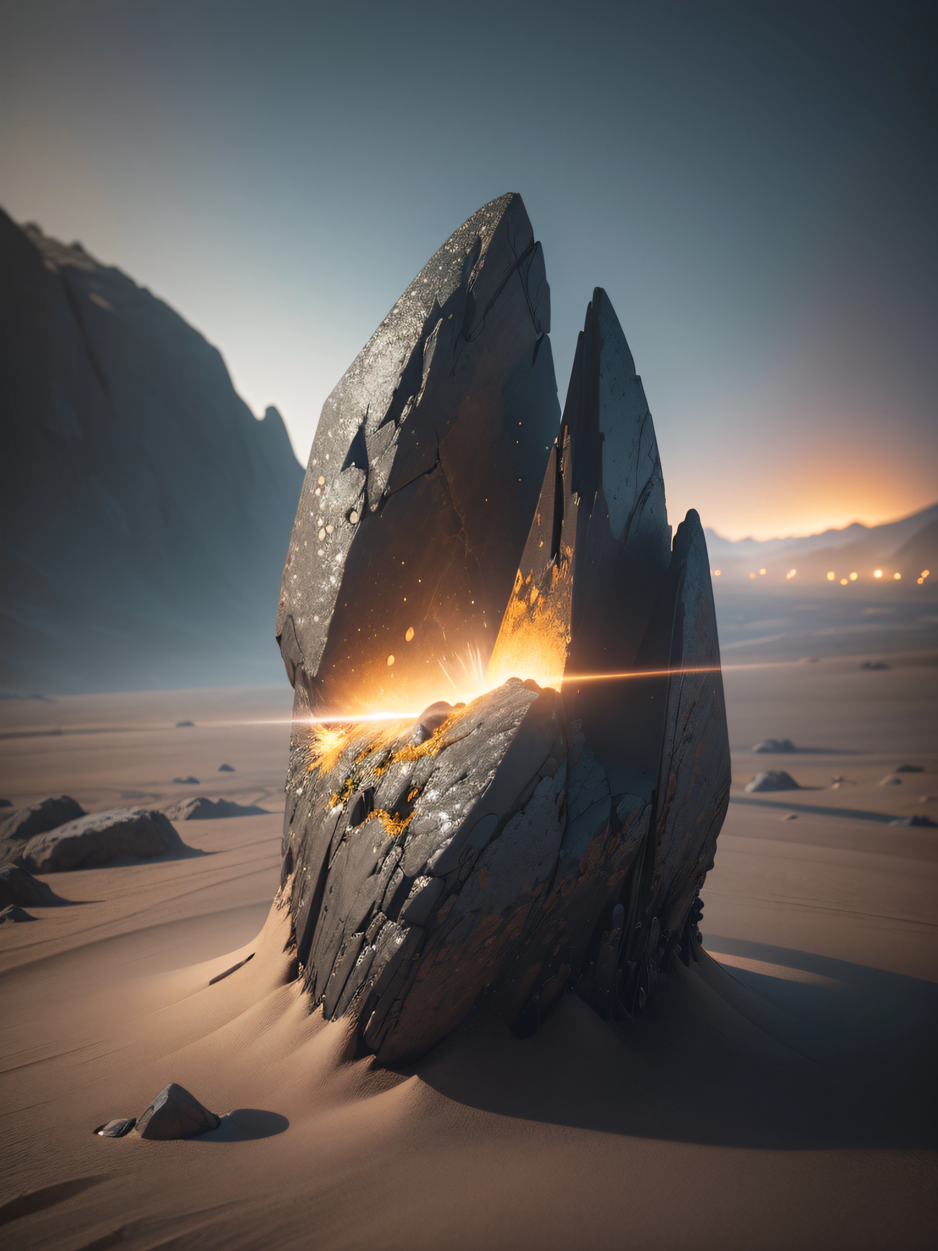 the ground，Skyfall meteorites，bonanza，ore，closeup cleavage，golden colored，craters，Stenacht, Thick fog on the ground, Blue light on the horizon, Unreal Engine 5, cinematic ligh, low angle photography, Motion blur, Depth of field,, ultra - detailed, Beautiful, insanely details, intricately details, Edit photography, shot with a 50mm lens, Depth of field, Tilt Blur, Shutter Speed ​​1/1000, f/22. Lightmaps, Super hell