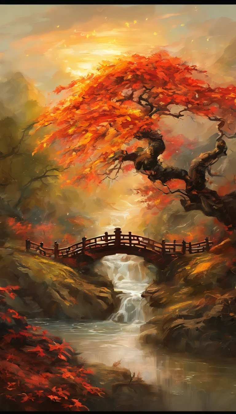 （Small bridges and flowing water，Ancient road west wind thin horse，Sunset，Broken intestines are at the end of the world）（An ancient trail leads into the distance），（Stone arch bridge:1.2),A small river，The river meanders into the distance，（The sky is windy，Fluttering yellow leaves），（A skinny white horse:1.2），（The vista is the setting sun），（The afterglow of the setting sun shines through the clouds），（Autumn tones），（Ancient Chinese landscape painting style），（Masterpiece），（A complete painting），（Extremely detailed picture），（light and shadow effect），（Movie lighting），（cinema4d），（Light particle tracing），（rendering by octane），（Unreal 5），（Layered artistic effects），（Best Painting），（Master painting），（8K分辨率），photorealestic，realisticlying @Ray