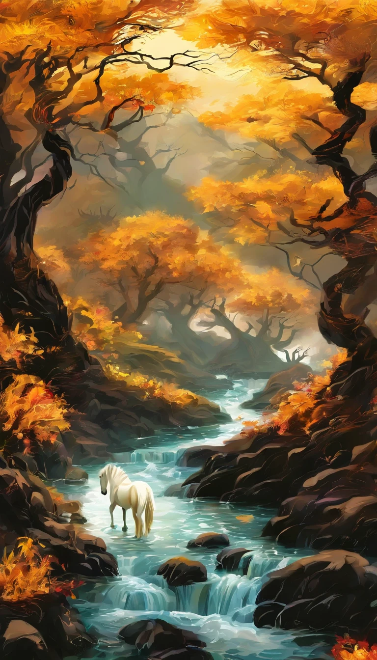 （Small bridges and flowing water，Ancient road west wind thin horse，Sunset，Broken intestines are at the end of the world）（An ancient trail leads into the distance），（Stone arch bridge:1.2),A small river，The river meanders into the distance，（The sky is windy，Fluttering yellow leaves），（A skinny white horse:1.2），（The vista is the setting sun），（The afterglow of the setting sun shines through the clouds），（Autumn tones），（Ancient Chinese landscape painting style），（Masterpiece），（A complete painting），（Extremely detailed picture），（light and shadow effect），（Movie lighting），（cinema4d），（Light particle tracing），（rendering by octane），（Unreal 5），（Layered artistic effects），（Best Painting），（Master painting），（8K分辨率），photorealestic，realisticlying @Ray
