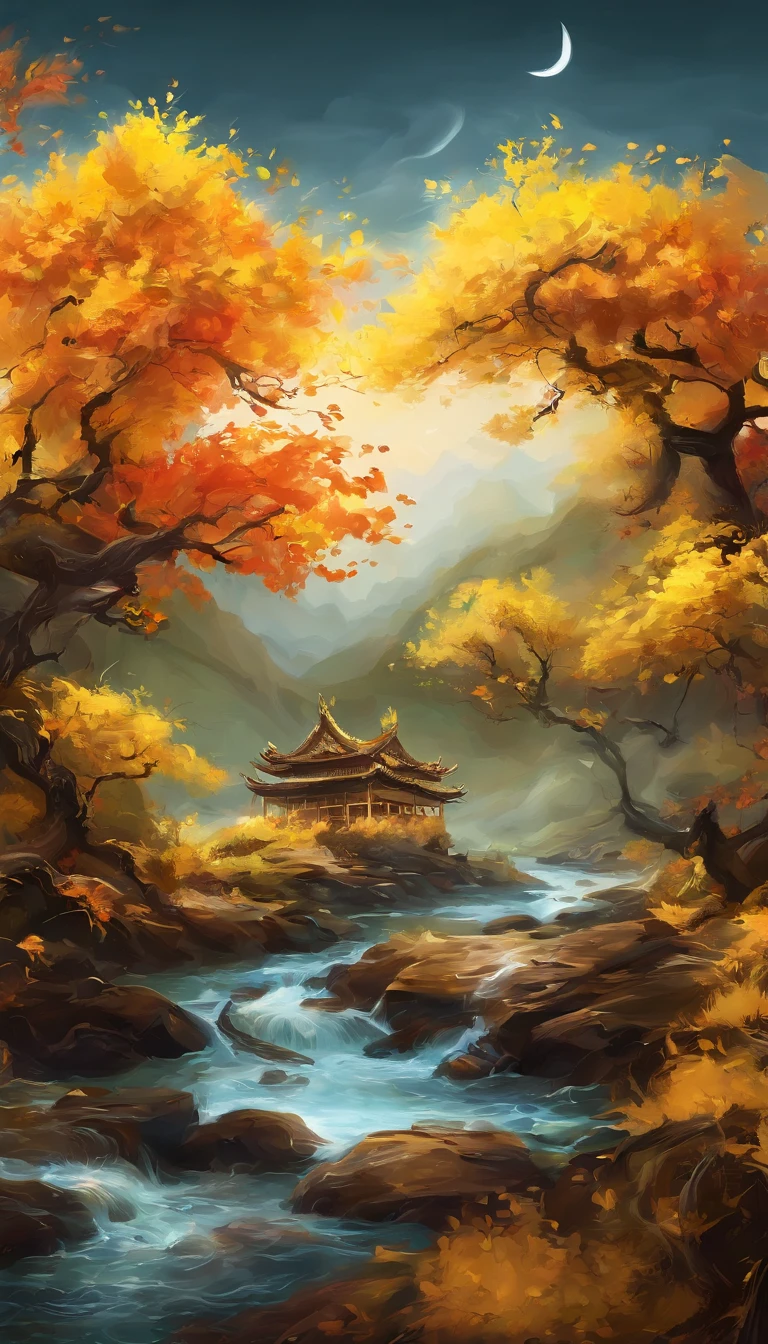 (Small bridges and flowing water,Ancient road west wind thin horse,Sunset,Broken intestines are at the end of the world)(An ancient trail leads into the distance),(Stone arch bridge:1.2),A small river,The river meanders into the distance,(The sky is windy,Fluttering yellow leaves),(A skinny white horse:1.2),(The vista is the setting sun),(The afterglow of the setting sun shines through the clouds),(Autumn tones),(Ancient Chinese landscape painting style),(Masterpiece),(A complete painting),(Extremely detailed picture),(light and shadow effect),(Movie lighting),(cinema4d),(Light particle tracing),(rendering by octane),(Unreal 5),(Layered artistic effects),(Best Painting),(Master painting),(8K分辨率),photorealestic,realisticlying @Ray