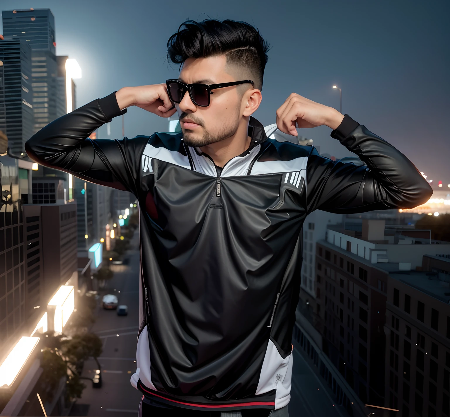 there is a black haired man with a mohawk and sunglasses on posing for a picture, stylish pose, very artistic pose, taken with sony alpha 9, attractive pose, with a cool pose, artistic pose, very cool pose, cool pose, edited in photoshop, sports clothing, shot on canon eos r5, shot on canon eos r 5, with accurate face, portrait shot 8 k