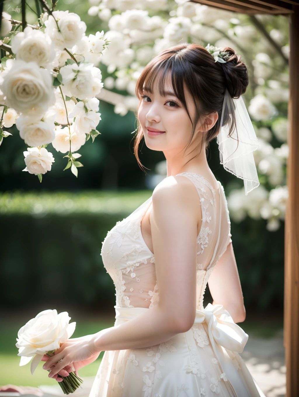 ((Photographed at a wedding))、Wearing a wedding dress、Are standing、(arms behind back)、 ((Best Quality, 8K, masterpiece :1.3)), Full body、y girl with perfect figure :1.4, Slender Abs :1.1, ((Huge bre.0)),Ultra-detailed face and skin