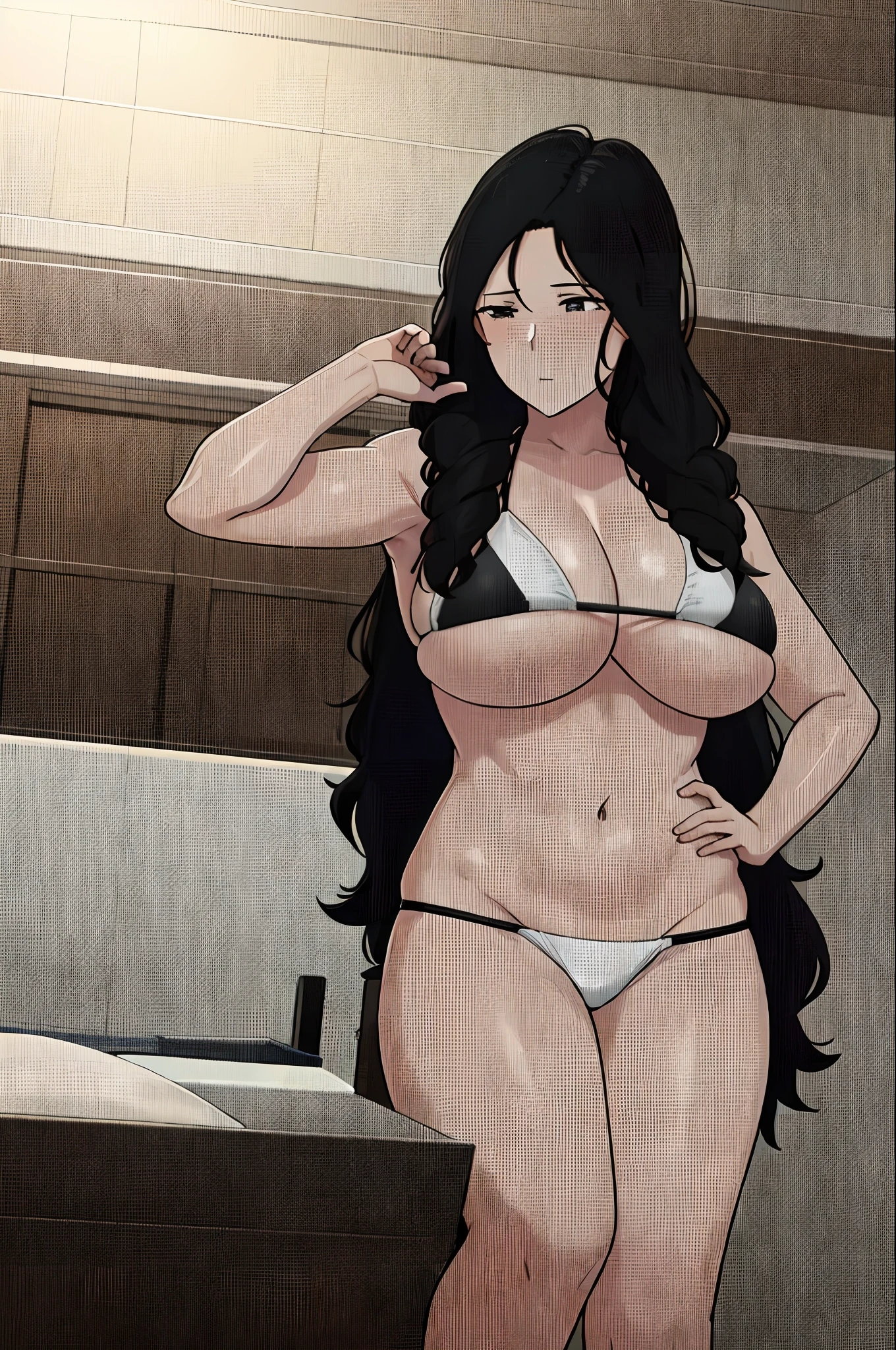 NTR Man, masterpiece, bestquality, 1girls, bara, mature female, tighten, Hairy, Black Hair, long-haired, Bikini, Open chest,