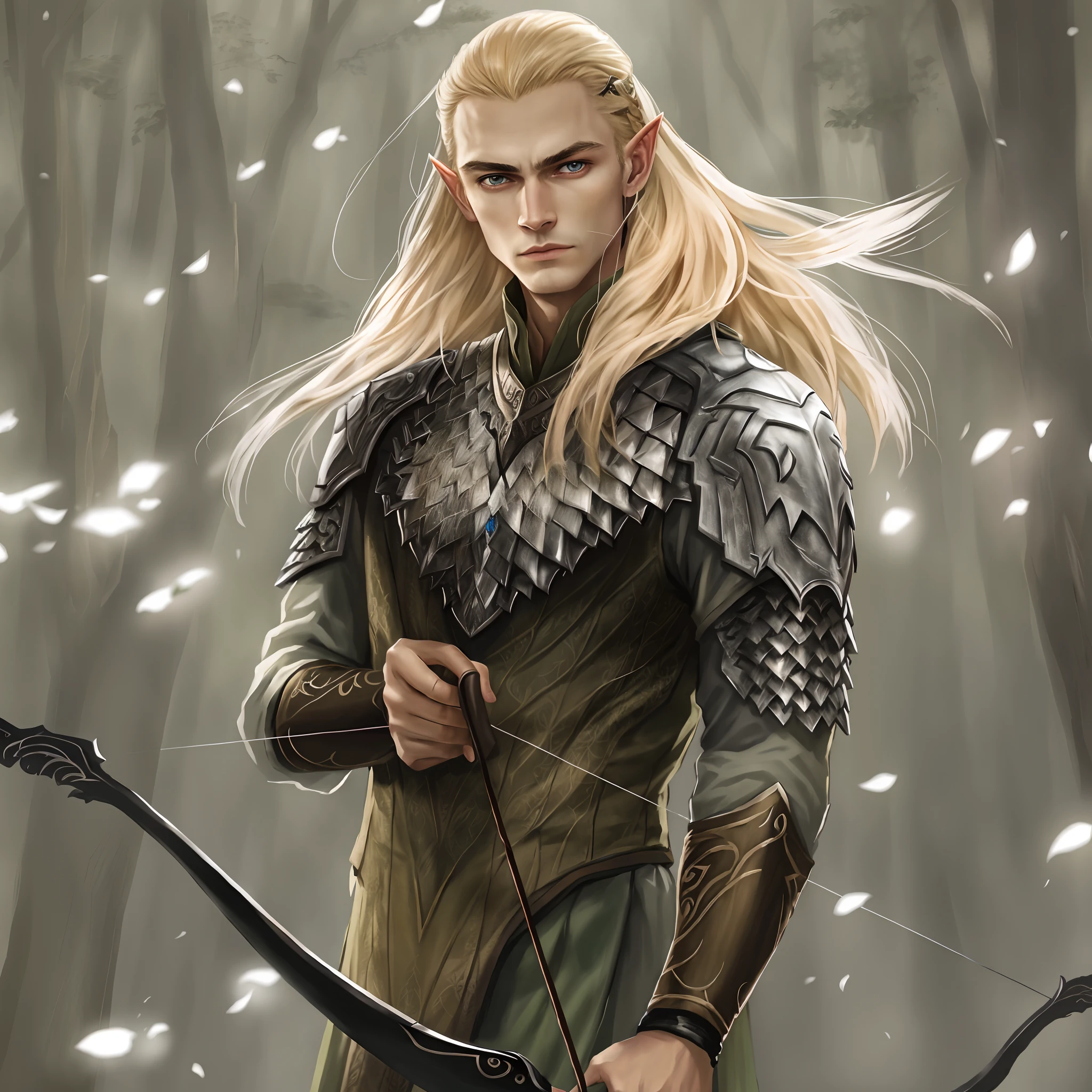A woman walks in the forest with a bow and a bow, Legolas as the Elven Ranger, Elven blonde male warrior, Legolas, beautiful male elf, elven male, Male Blonde Elf Ranger, Similar to Legolas, Legolas from "The Lord of the Rings", эльфа Elden Ring, The Greatest Elven Warrior, a male elf, kali