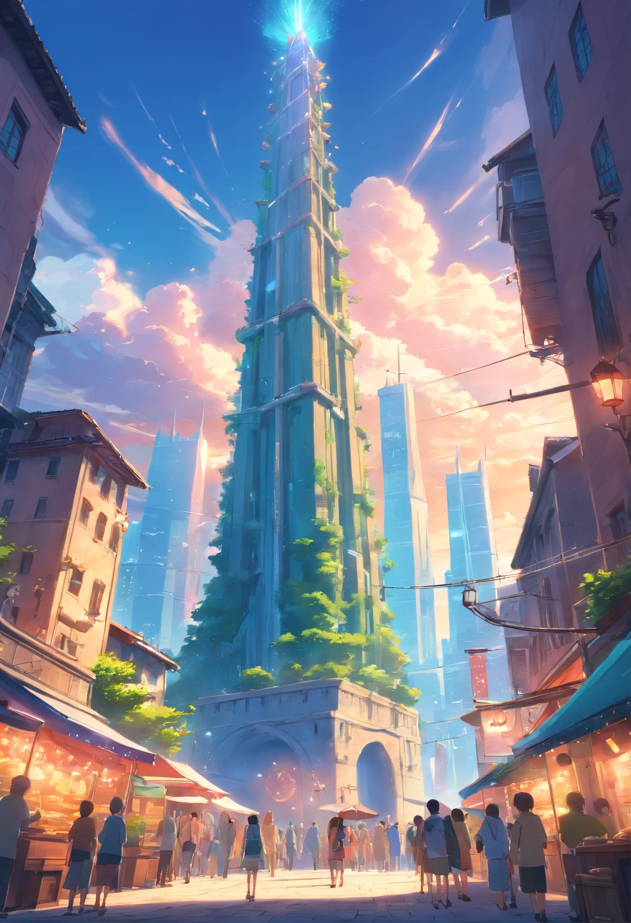 Tubular tower in fantasy tower, magic tower, tower high up to the atmospheric sky, tower stands in the middle of the medieval city, (fantasy world era), crowd of people around the base of the tower, street food, (ray tracing, global illumination), (masterpiece:1.4), (vibrant:1.2), cinematic, intricate and highly detailed, (ultra-detailed CG unity 8K wallpaper)