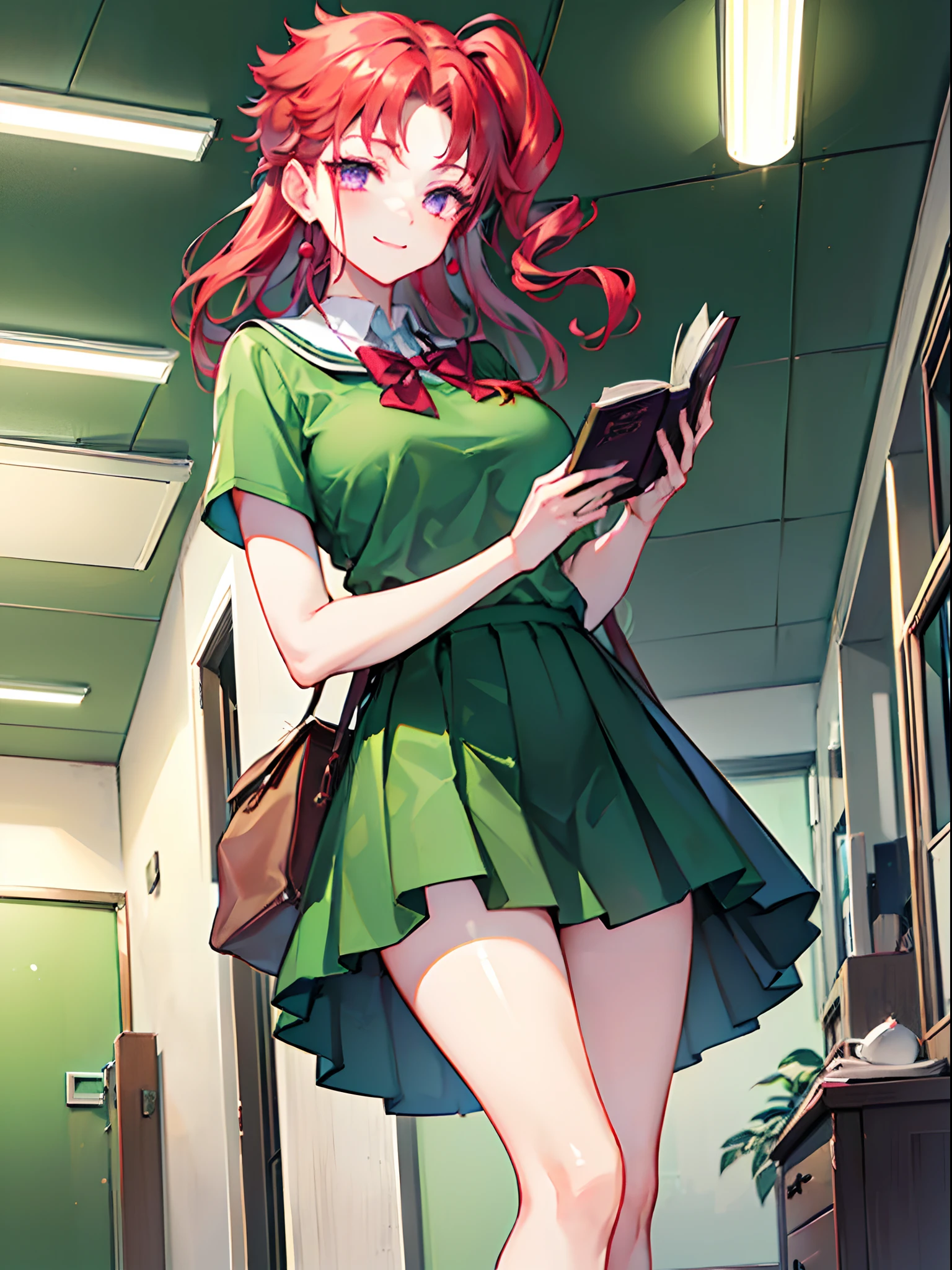 (((1girl))), ((solo)), ((Kakyoin Noriaki as a girl)), genderbender, ((medium long red hair)), purple eyes, smiling face, big boobs, green shirt, green short skirt, muscular female, ((school hallway background)), (holding book on hands), (reading book: 1.1)