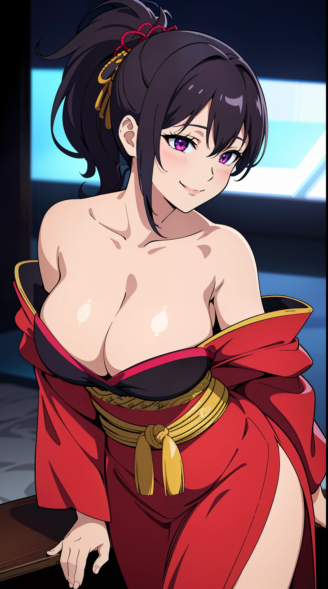 (best quality:1.5, highres, UHD, 4K, detailed lighting, shaders), ponytail, busty, off shoulder kimono, cleavage, standing, (close shot), night background, smiling, lewd, sexy, erotic, seductive