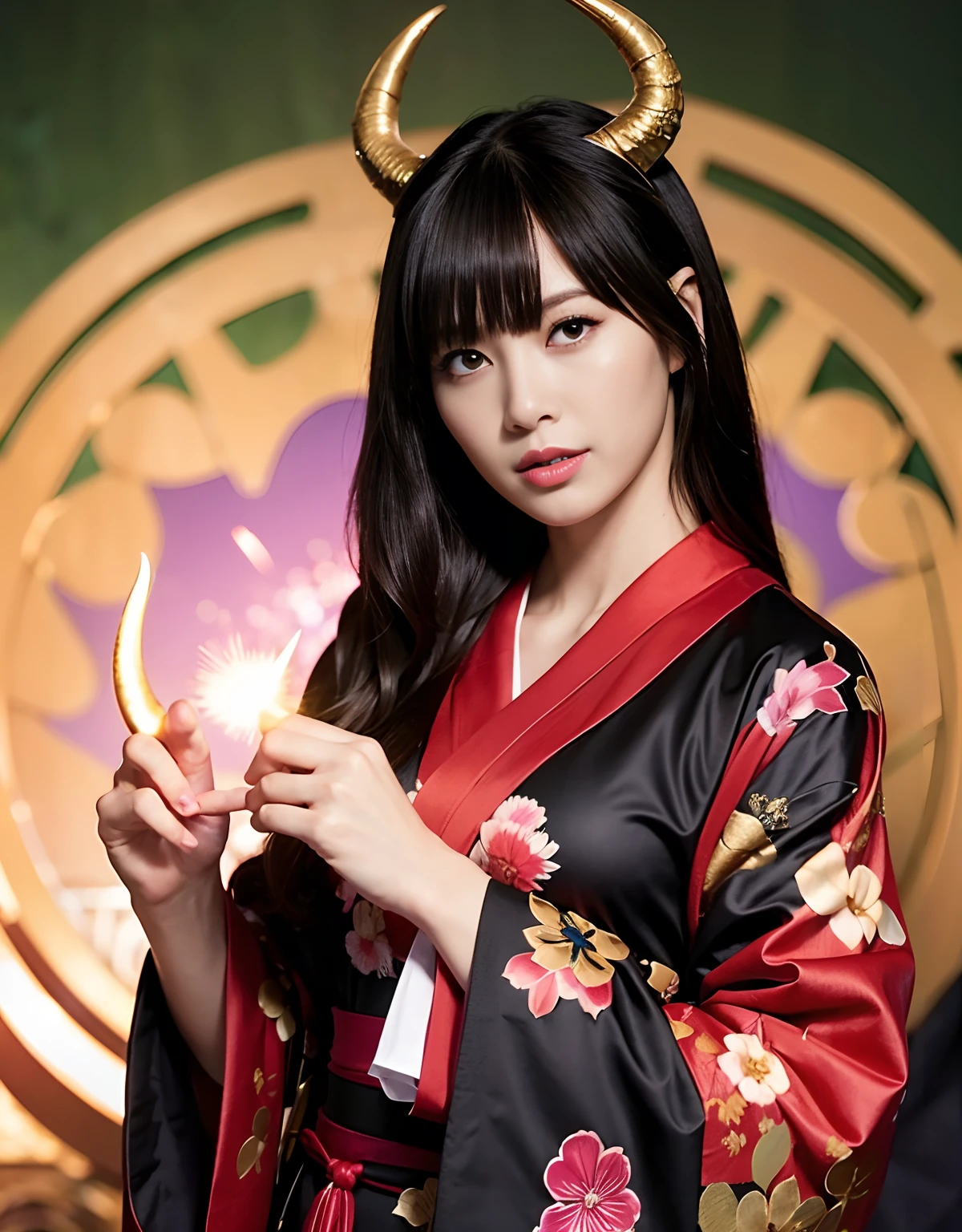 ((World of Darkness)),Professional , masterpiece、top-quality、photos realistic , depth of fields 、(sexypose)、(Black maple on the background of full bloom),(Ultimate Beauty)、A dark-haired、(shrine background)、(Kimono with beautiful pattern)、(Night background)、Beautiful hair ornament on the head、,(intense fighting),((Precipitous cliffs)),(Wear a beautiful kimono),(Wear a beautiful kimono with colorful floral patterns)、(Japan Castle Background)、Jewel Gold Weapon、Particles of light),(intense fighting)、Gorgeous gold weapons ,Castle background、(( Gorgeous Dragon Sword)) , (a dark night),,(maikurobikini) 、((Black Haired Beautiful Girl))、(Castle background)、(demonic wings)、((Gangle's forest background))、Beautiful Caucasian beauty、1a person、dynamic ungle,(((Two devil's horns on the head)))、Smaller head、Idle Smile、Thin and beautiful female hands、Mystical expression、Light Effects、intense fighting、Wind-effect、magic circles、With the legendary magic wand、Dragon's tail、