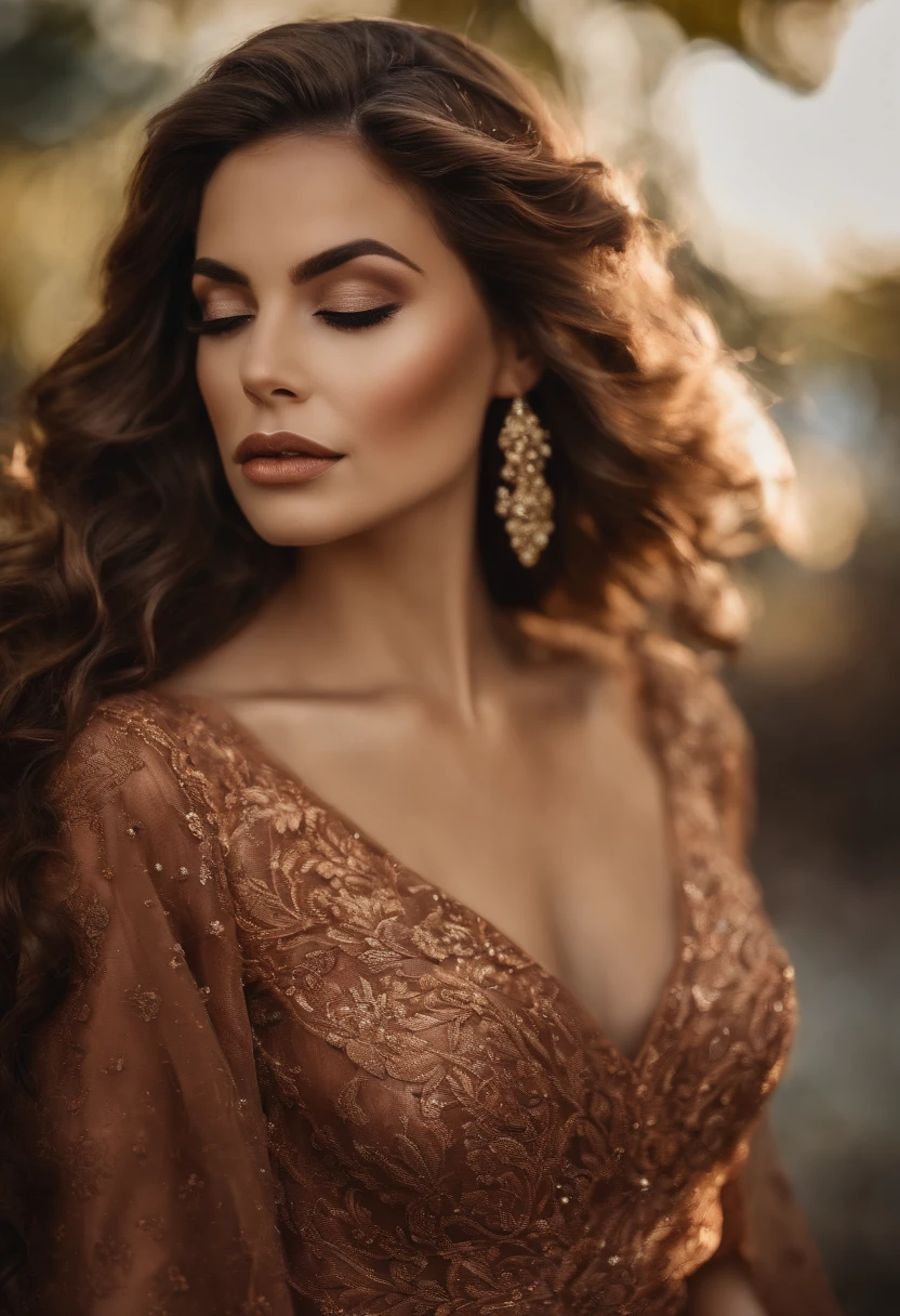 1 mulher, bonitoa rosto detalhado, cabelos apenas castanhos,longo, ondulado, olhos castanhos com cobre, roupa formal, jovem, realista