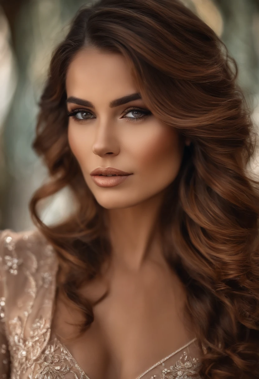 1 mulher, bonitoa rosto detalhado, cabelos apenas castanhos,longo, ondulado, olhos castanhos com cobre, roupa formal, jovem, realista