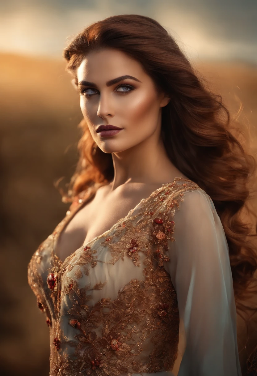 1 mulher, bonitoa rosto detalhado, cabelos apenas castanhos,longo, ondulado, olhos castanhos com cobre, roupa formal, jovem, realista