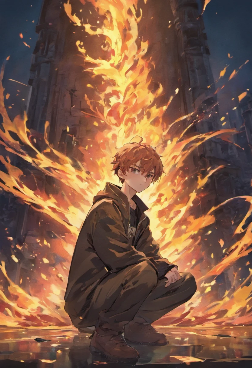 A brooding and mysterious boy with a tragic past. He possesses incredible control over the element of fire but keeps it hidden from the world. anime poses relaxing