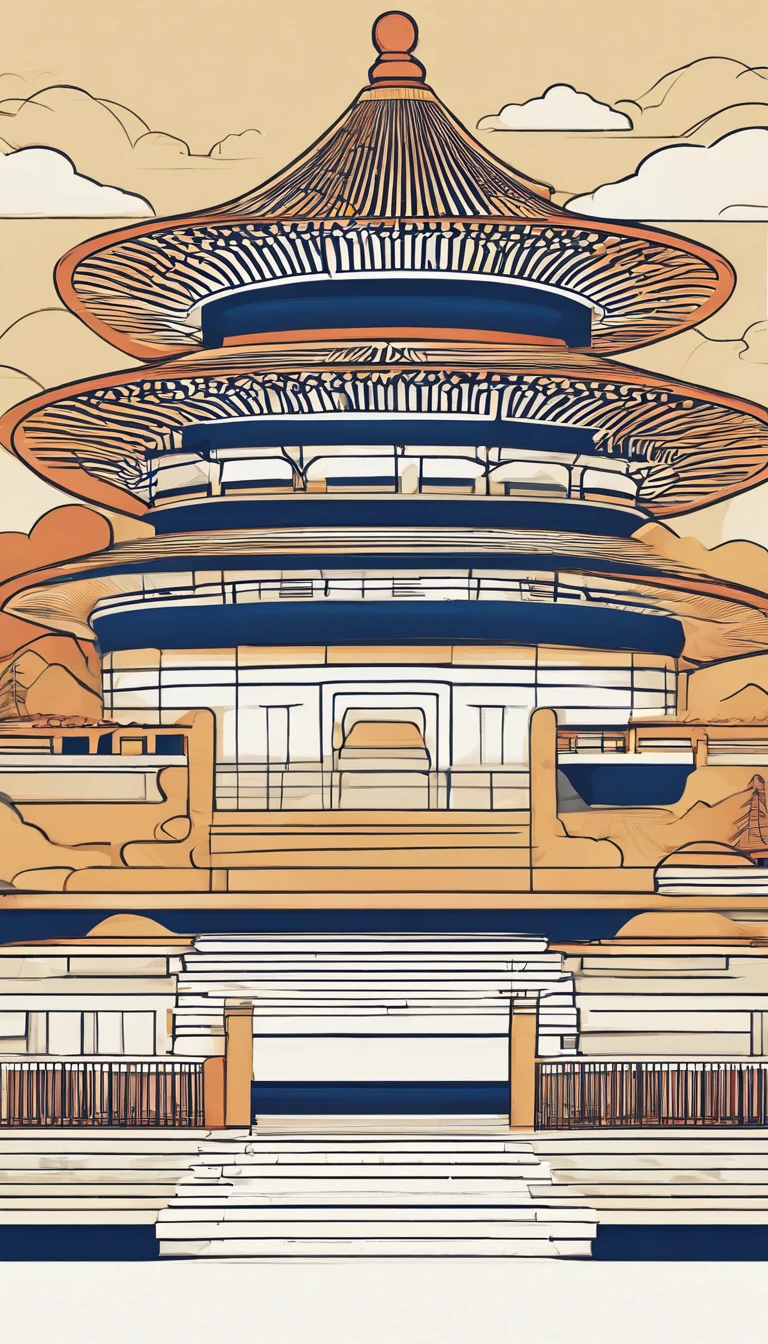 Package cover,Graphic design,Bold lines,Temple of Heaven shape,Dark tone,The corners are warm yellow,thin linework,Sunset,Minimalist