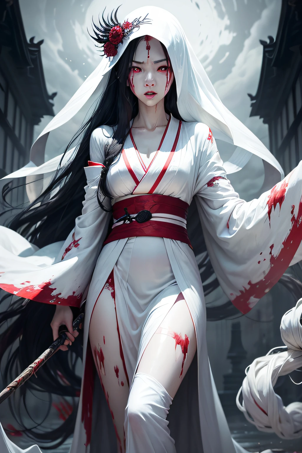 Disfigured Face, Long, Flowing Hair, White Kimono, Veil or White Cloth, Pale, Translucent Skin, Eerie, Glowing Eyes, Bloodstains or Wounds, Expression of Anguish or Vengeance