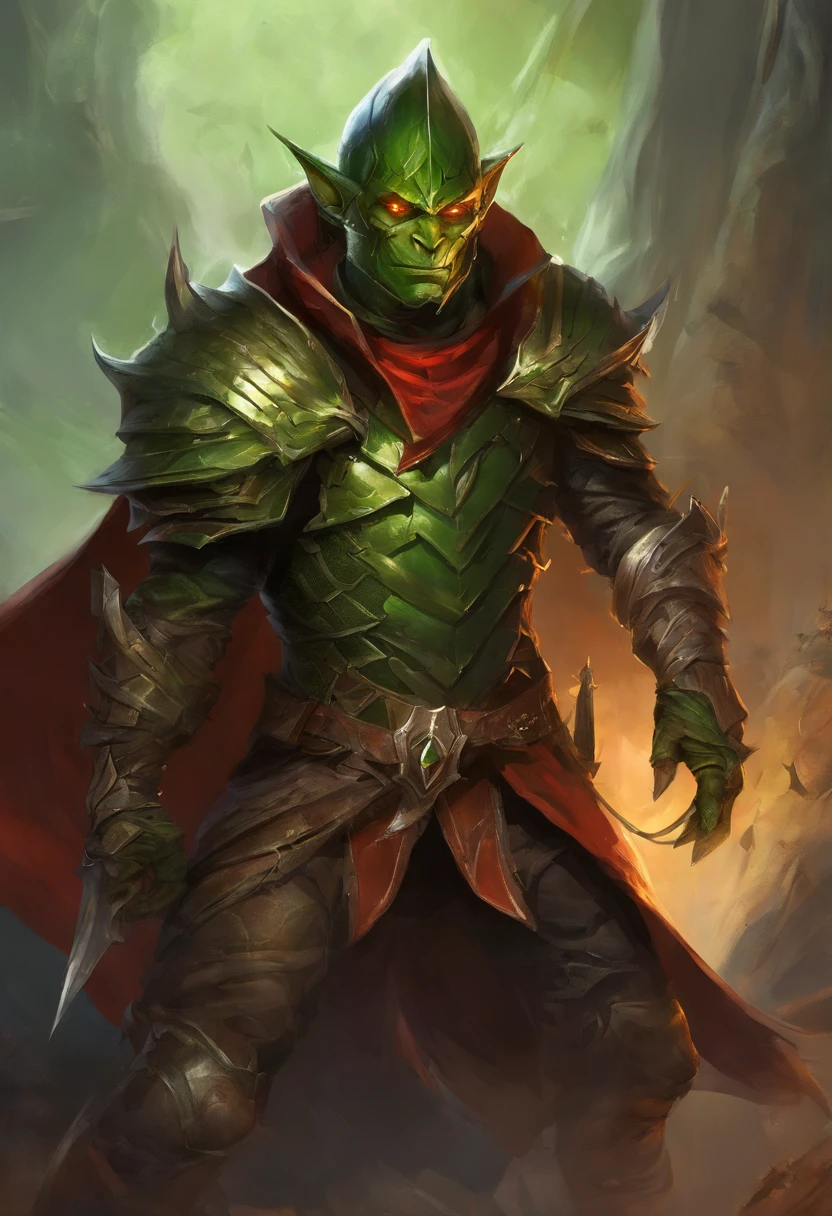 a 3-foot-tall green goblin ranger, with piercing red eyes and a sinister smile. He is dressed in a complete set of leather armor, complemented by a tattered cloak with the hood pulled up. The armor has intricate details, showcasing a worn and battle-worn appearance. The goblin emanates an aura of fearlessness and readiness for combat.