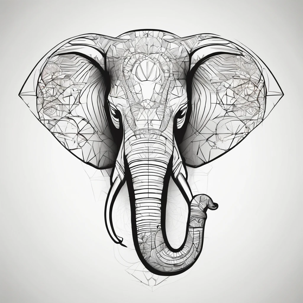 minimalist line. elephant head. sacred geometry. words: ivoryHAUS. artist logo. abstract art. 2D. Flat. White. Gold.