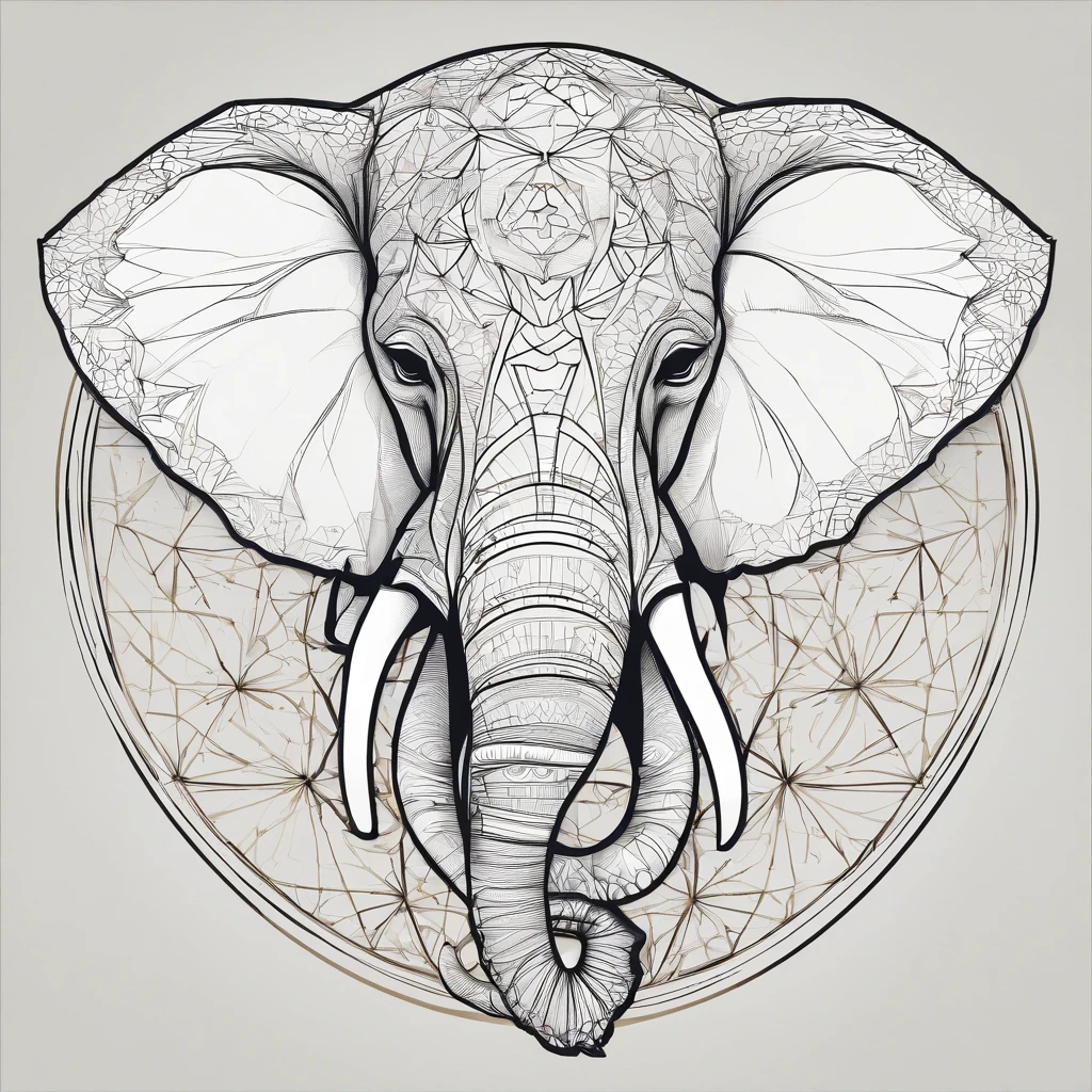 minimalist line. elephant head. sacred geometry. words: ivoryHAUS. artist logo. abstract art. 2D. Flat. White. Gold.