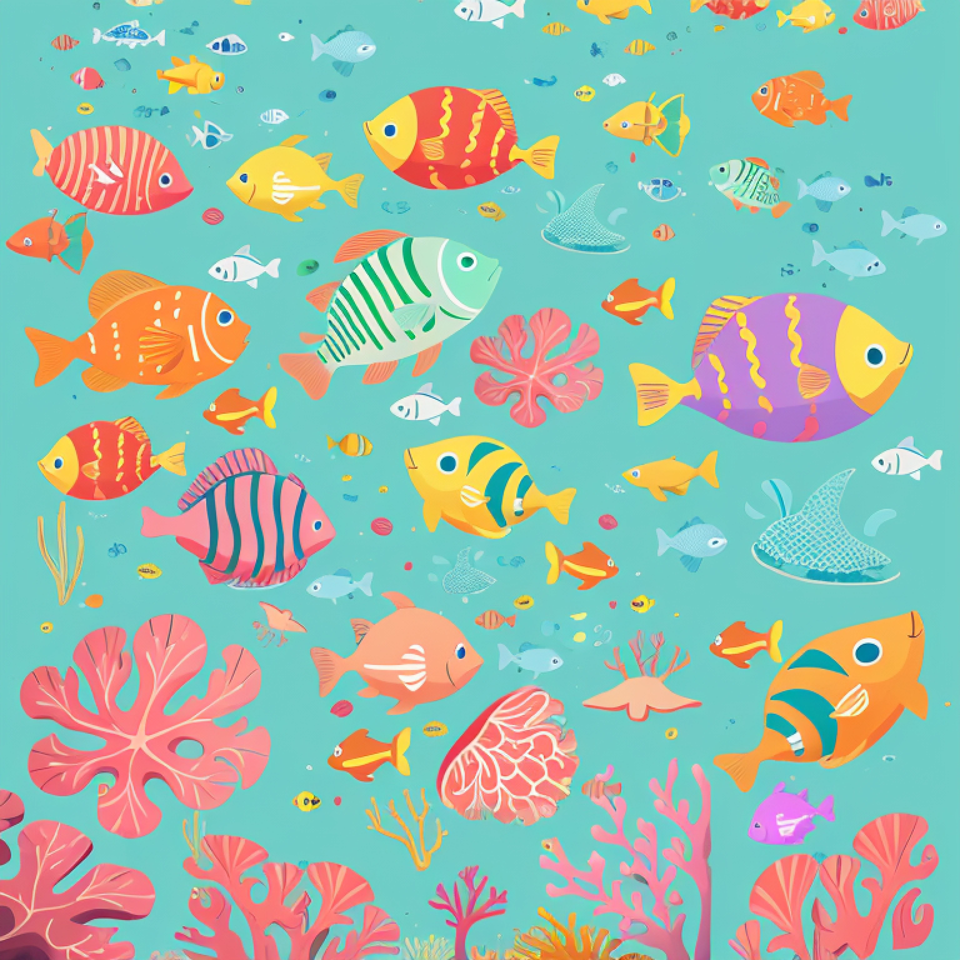 simple, vector, 4k, cheerful, flat background, illustration, under water, sea, kids background, colorful, reef, flat color, fish, pattern