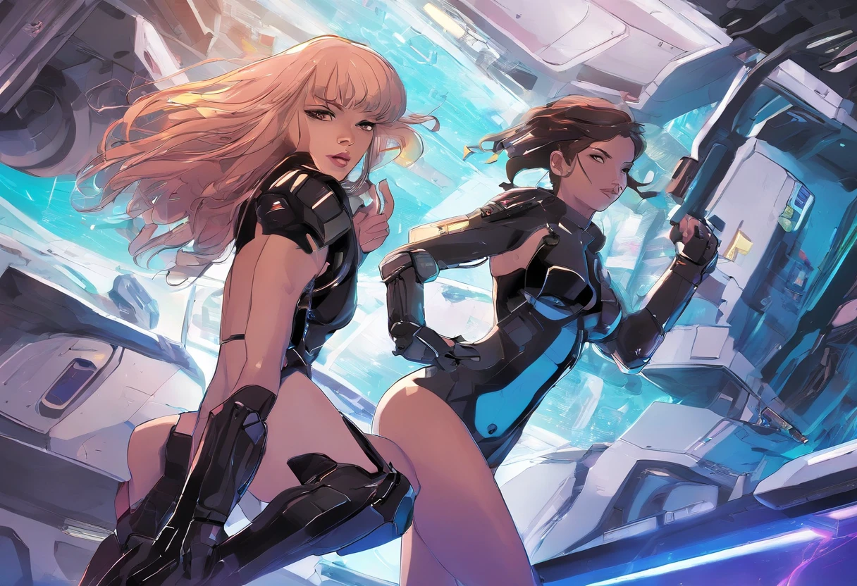 2girls,(fight against another:1.5),trench coat,bikini