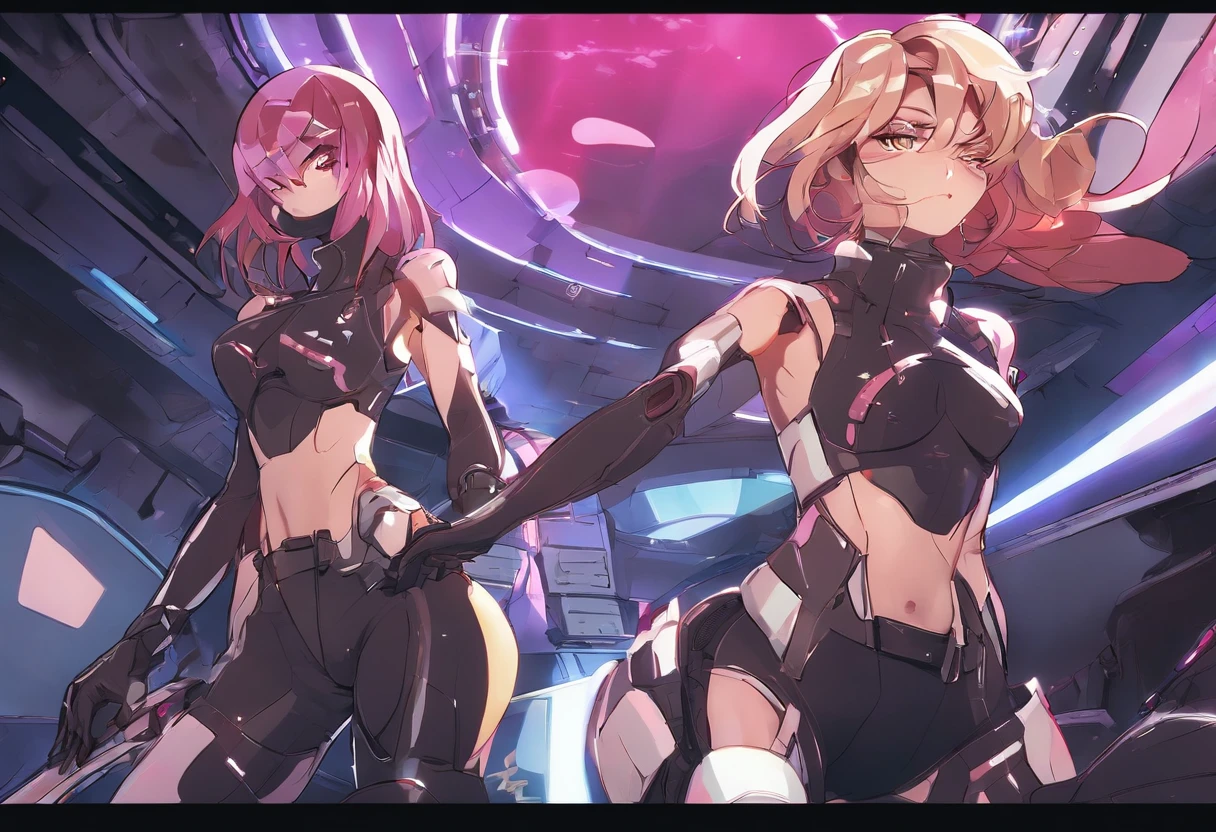 (masterpiece), (best quality), (high res) Solo, (perfect anatomy), young girl (), fair skin, pink hair (shoulder length), green eyes, (skin tight idol outfit), (blue high heels boots), (tied up shirt), (super tight mini shorts), smiling, flat chest in a futuristic space setting with a green light, cyberpunk, cyber suit, best anime 4k, cybersuits, from behind