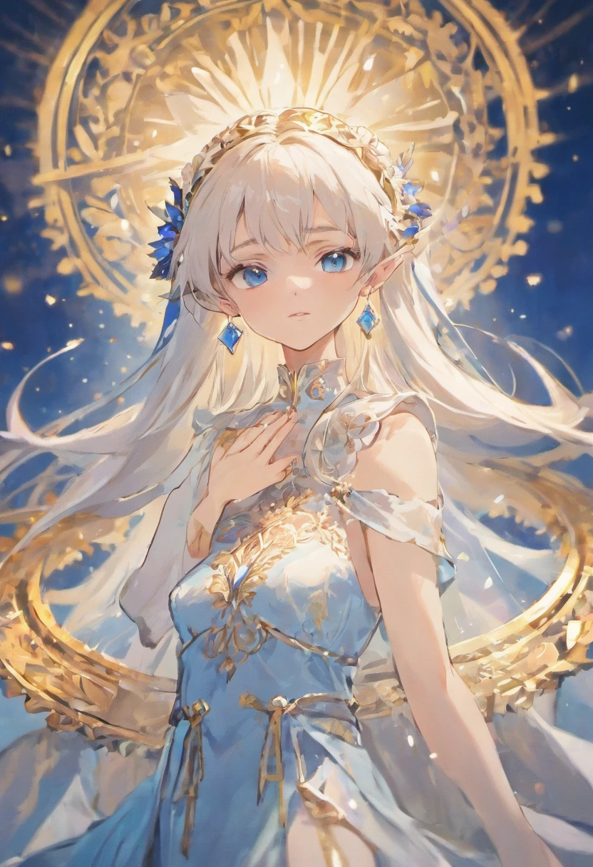 1 Elf Girl, small breasts, white hair, long hair, blue eyes, earrings, white Greece dress, translucent dress, wreath,