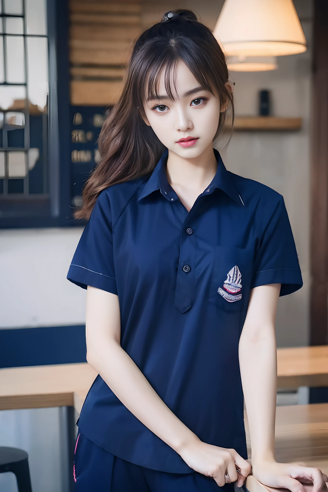 masterpiece, best quality, ultra realistic, hyper-detailed, 8k resolution, RAW photo, sharp focus, (2 girl in coffee shop), ((navy shirt:1.1)), short sleeves, long trackpant, perfect body, 2 mature female, 18yo, cinematic light