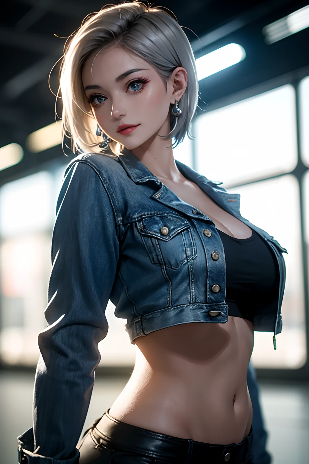 1girl in, Solo, Android 18, Silver blonde hair, Blue eyes, Short hair, Jewelry, earrings, Smile, Jacket, Looking to the side, denim, Denim jacket, Upper body, makeup、cloud, skyporn, day, Looking away, Blue sky, 鎖骨, Leather Mini Skirt、Amitant、Full body painting of boots、A MILF, very Bigger breasts，busty figure, fleshy feeling, Sweat profusely, perfect  detail, High-resolution fine textures, depth of field effect, Vivid lighting effects, lightand shade contrast, Ray tracing and flare effects, Best texture, A futuristic, Genre painting、