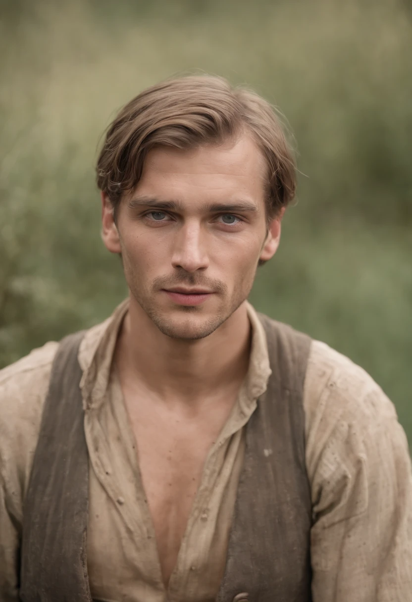 A handsome (German) peasant, 1 9 0 0s, muddy, dirty, wet, raunchy outfit, provocative portrait, perfect face, (homoerotic:1.2), tall and burly, toned body, qualidade 8K, absurd textures details and quality