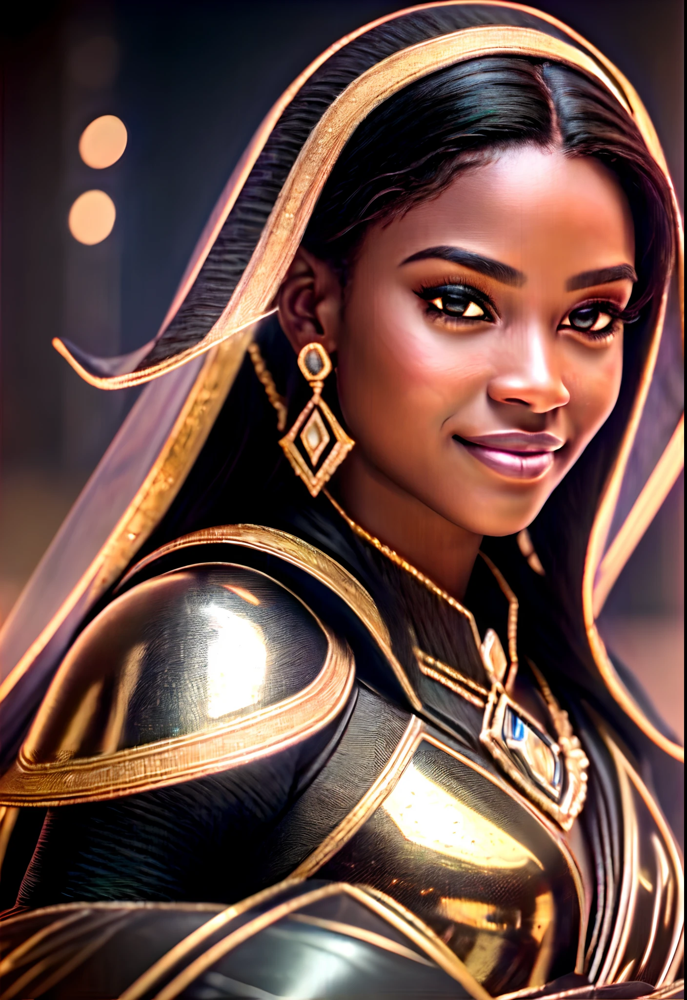 BLACK Young Senegalese Peule Fulani, Black skin woman portrait, shining eyes, Smiling, Beautiful white and shiny teeth, subtle black and gold armor, diamond necklace, purple cape, long hair, The long black and white wings along her body, perfect visibility, starry sky + ultra photorealistic + Hasselblad H6D + high definition + 8k + cinematic + color grading + depth of field + photo-realistic + film lighting + rim lighting + intricate + realism + maximalist detail + very realistic + perfect masterpiece, smooth shading, Detailed Panoramic View, Cinematic, perfect perspective, Portrait Photography, Ultra-Wide Angle, Depth of Field, hyper-detailed, beautifully color-coded, majestic details, intricate details, beautifully color graded, Unreal Engine, Cinematic , Color Grading, Editorial Photography , Photography, photography by Carli Davidson, Elke Vogelsang, Holy Roman, Photoshoot, Shot on 50 mm lens, Depth of Field, DOF, Tilt Blur, Shutter Speed 1/100, F/1,4 White Balance, 3600, ISO 2000, Super-Resolution, Megapixel, Pro Photo RGB , VR , Natural Light, Good, Half rear Lighting, Backlight, Natural Lighting, Incandescent, Optical Fiber, Moody Lighting, Cinematic Lighting, Studio Lighting, Soft Lighting, Contre-Jour, Beautiful Lighting, Accent Lighting, Screen Space Global Illumination, Ray Tracing Global Illumination, Optics, Scattering, Glowing, Shadows, Rough, Shimmering, Ray Tracing Reflections, Lumen Reflections, Screen Space Reflections, Diffraction Grading, Chromatic Aberration, GB Displacement, Scan Lines, Ray Ambient Occlusion, Anti-Aliasing, FKAA, TXAA, RTX, SSAO --auto --s2