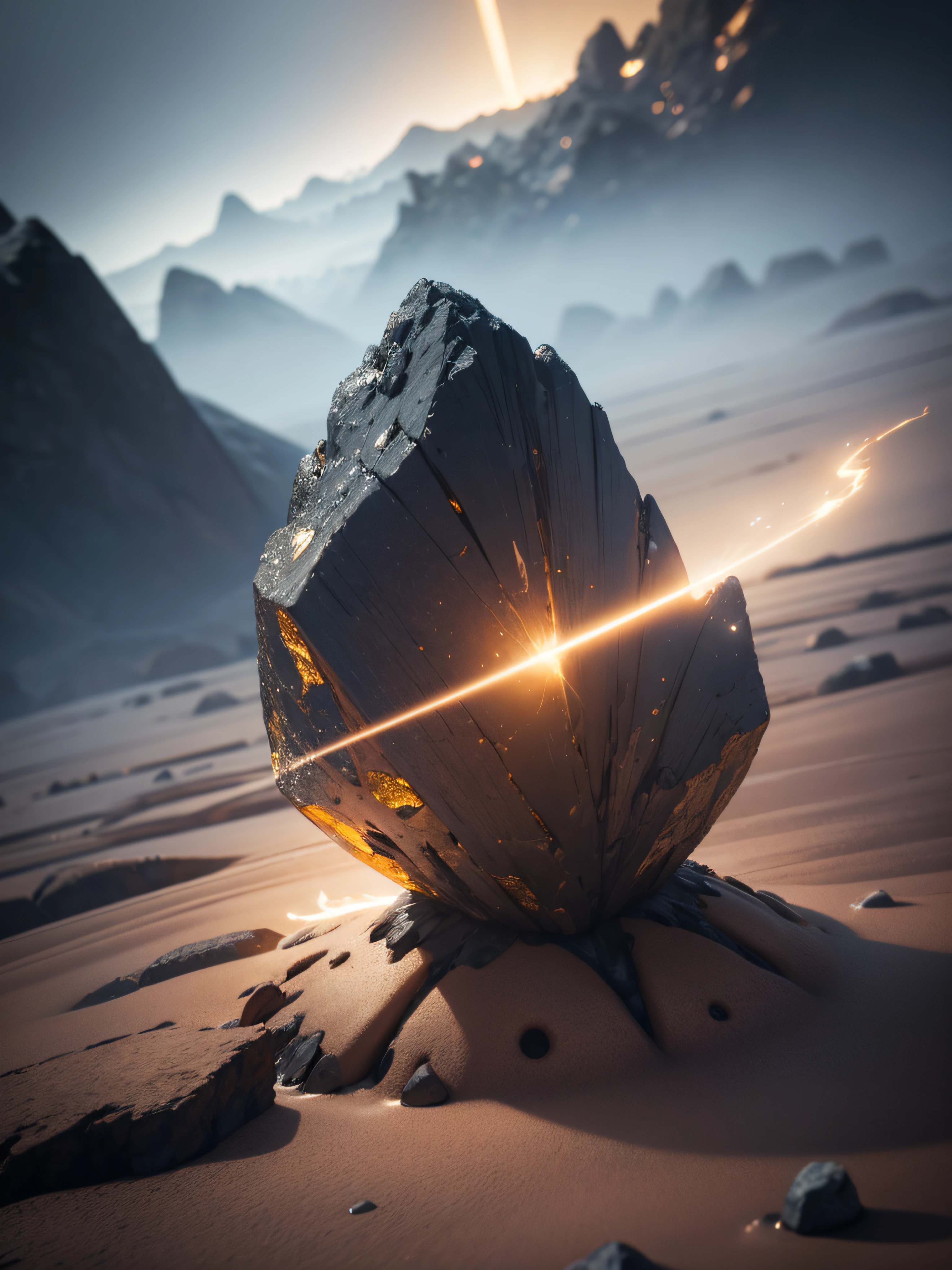 the ground，Skyfall meteorites，bonanza，Gold ore，Golden stone，closeup cleavage，golden colored，craters，Stenacht, Thick fog on the ground, Blue light on the horizon, Unreal Engine 5, cinematic ligh, low angle photography, Motion blur, Depth of field,, ultra - detailed, Beautiful, insanely details, intricately details, Edit photography, shot with a 50mm lens, Depth of field, Tilt Blur, Shutter Speed ​​1/1000, f/22. Lightmaps, Super hell