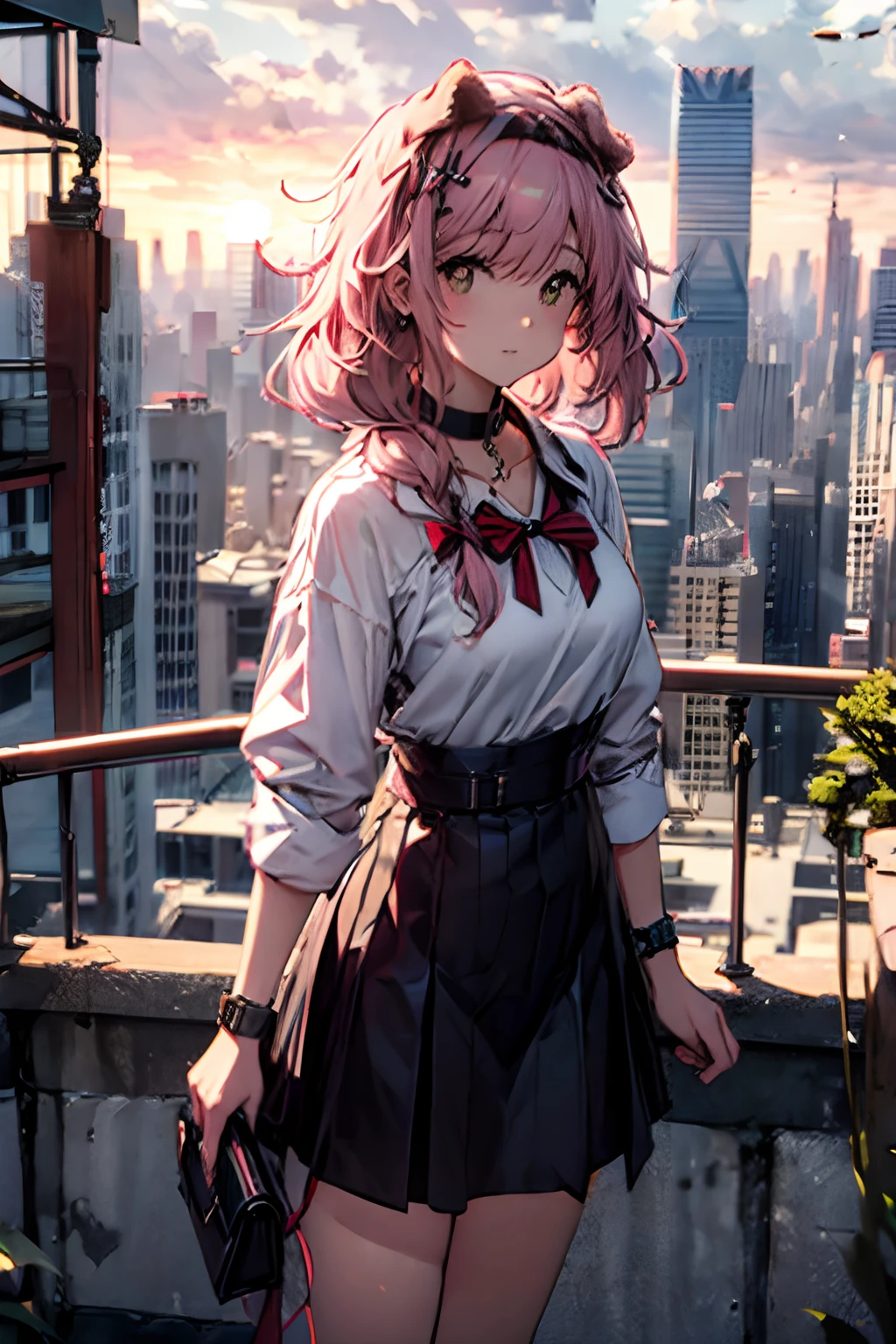 Best quality at best，tmasterpiece，1girll，Pink hair，messy  hair，curly_hair，The shirt，a skirt，Kawai，JK，red_bow，Wrist watch，choker necklace，view over city，8K original photos，超高分辨率，highest details，复杂，8k，HDR