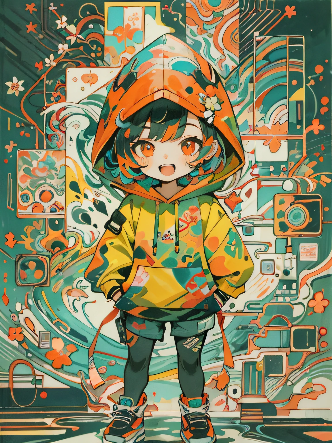 masterpiece, ultra-high quality, ( ultra detailed original illustration), ((chibi mode)),(  joyful facial expression, red eye, short hair, smile, open mouth,full body, perfect body), ((street wear,hoodie fashion)), ((flowers sakura)(graffiti)), double exposure, fussion of fluid abstract art, glitch, ( 2d), ( original illustration composition), ( fusion of limited color, maximalism artstyle, geometric artstyle, fire, junk art), yellow theme, background black