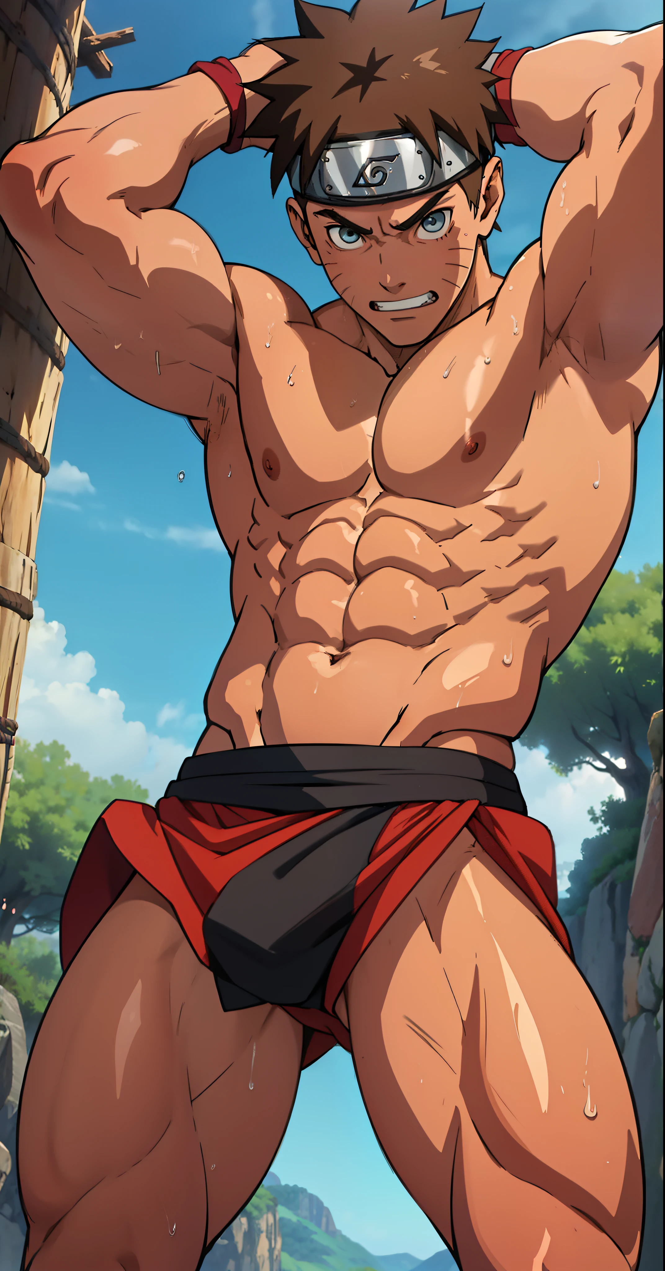 (do not wear banners,do not wear headbands) (close up) boy was shy and blushed (photo subject: Close-up of muscular thigh muscles ) (photo angle from bottom up)(Drawings of Naruto anime) (photo angle from the ground upwards) [Anime photo][highest quality photo][4k,HD photo quality ] wear tight and short loincloths soaking wet,the loincloth bulges due to the erect male genitals  (muscular thigh muscles, firm thigh muscles, muscular thigh muscles, sinewy thigh muscles, giant thigh muscles, strong leg muscles, muscular hamstring leg muscles) , Boruto fun, happy ,delighted, bodybuilder,bodybuilding, standing, red skin, pink skin, tanned skin ,shiny skin ,reddish brown skin, lots of sweat flowing down, topless, shirtless, hot sunny,  hands behind head