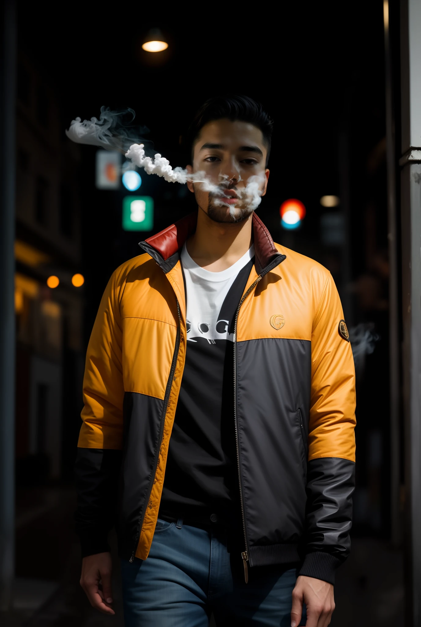 Gucci themed t-shirt, smoking cigarettes, cigarettes on hand , raw, ultra-realistic, DEPTH DETAILING