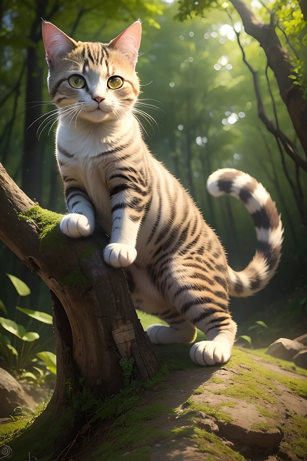There is a cat that is standing on a rock next to a tree, gato bonito, awesome cat, an adorable kitten, Gatinho bonito, Pouncing, um gato bonito, aw, foto de gato bonito, O gatinho mais fofo de todos os tempos, curious expression, gato bonito, lindo e bonito, Olhar travesso, Gato na floresta, cute and adorable, Animal bonito, POV de calcanhar