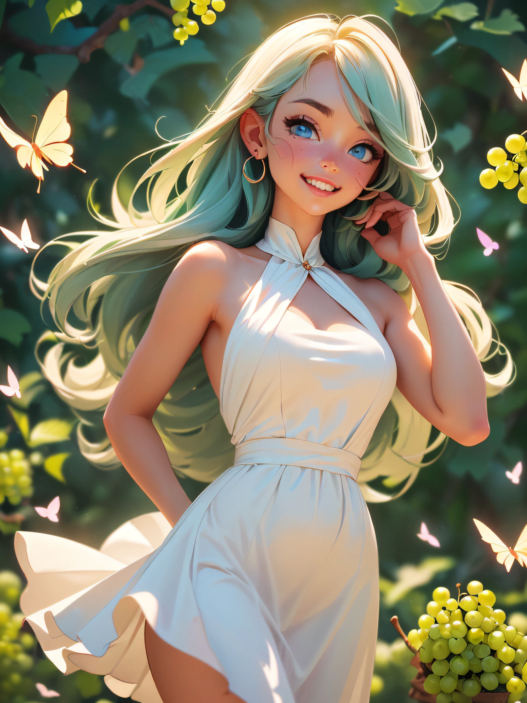 ((a close body portrait of a cute beautiful girl)), ((playing happy time at the vineyards)), ((she wears a long white dress)), ((long white straight hair, blue eyes and 1 flower on her right ear)), ((the area is filled with green grapes and colorful butterflies)), capture her beauty and the scene in an attractive scene, high quality, best quality, best lighting effects, 8K, HD