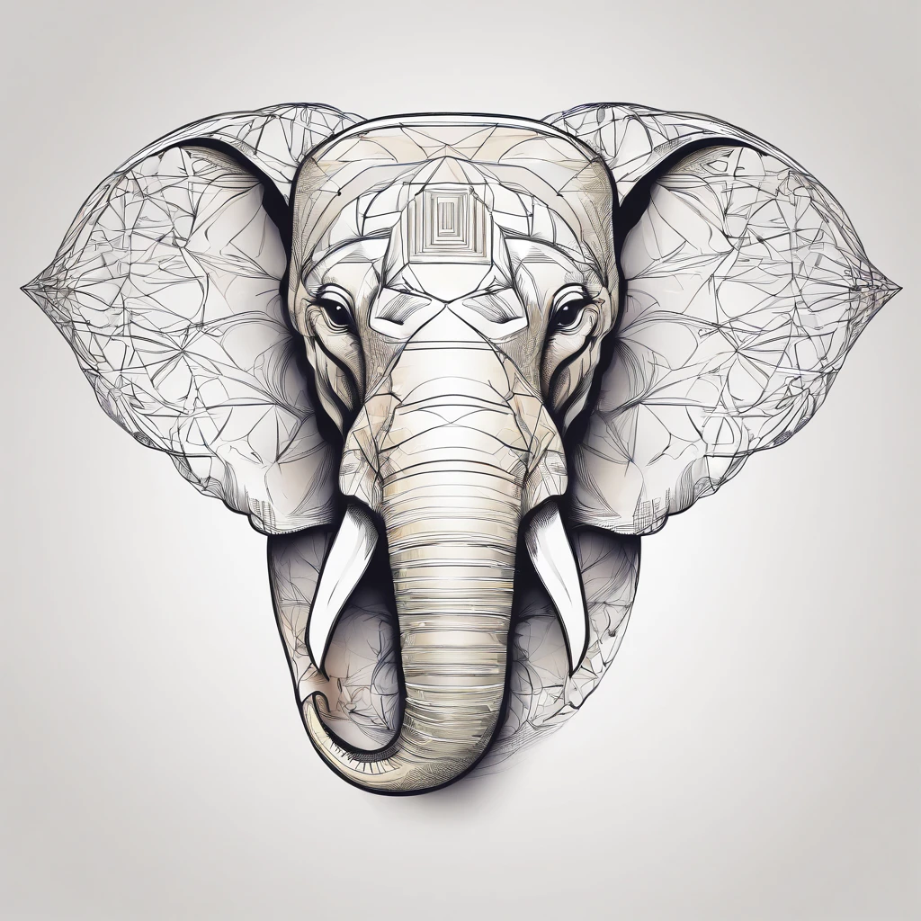 minimalist line. elephant head. sacred geometry. words: ivoryHAUS. artist logo. abstract art. 2D. Flat. White. Gold.